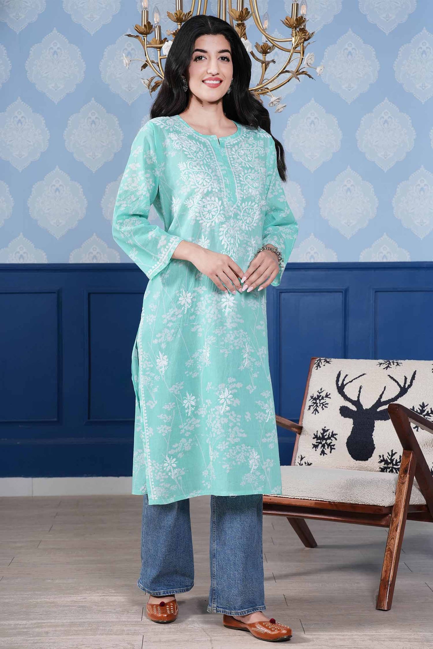 Omya Chikankari Long Kurta – Aqua Blue