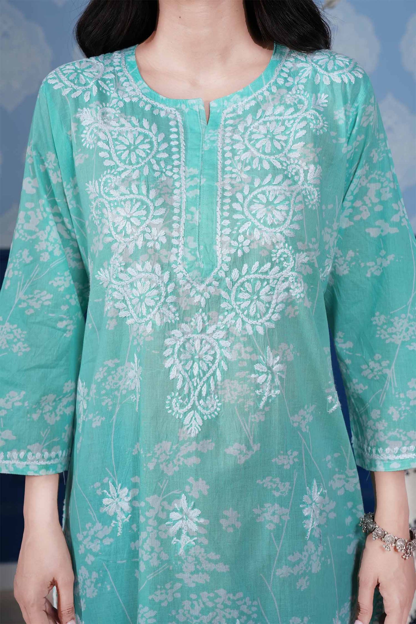 Omya Chikankari Long Kurta – Aqua Blue