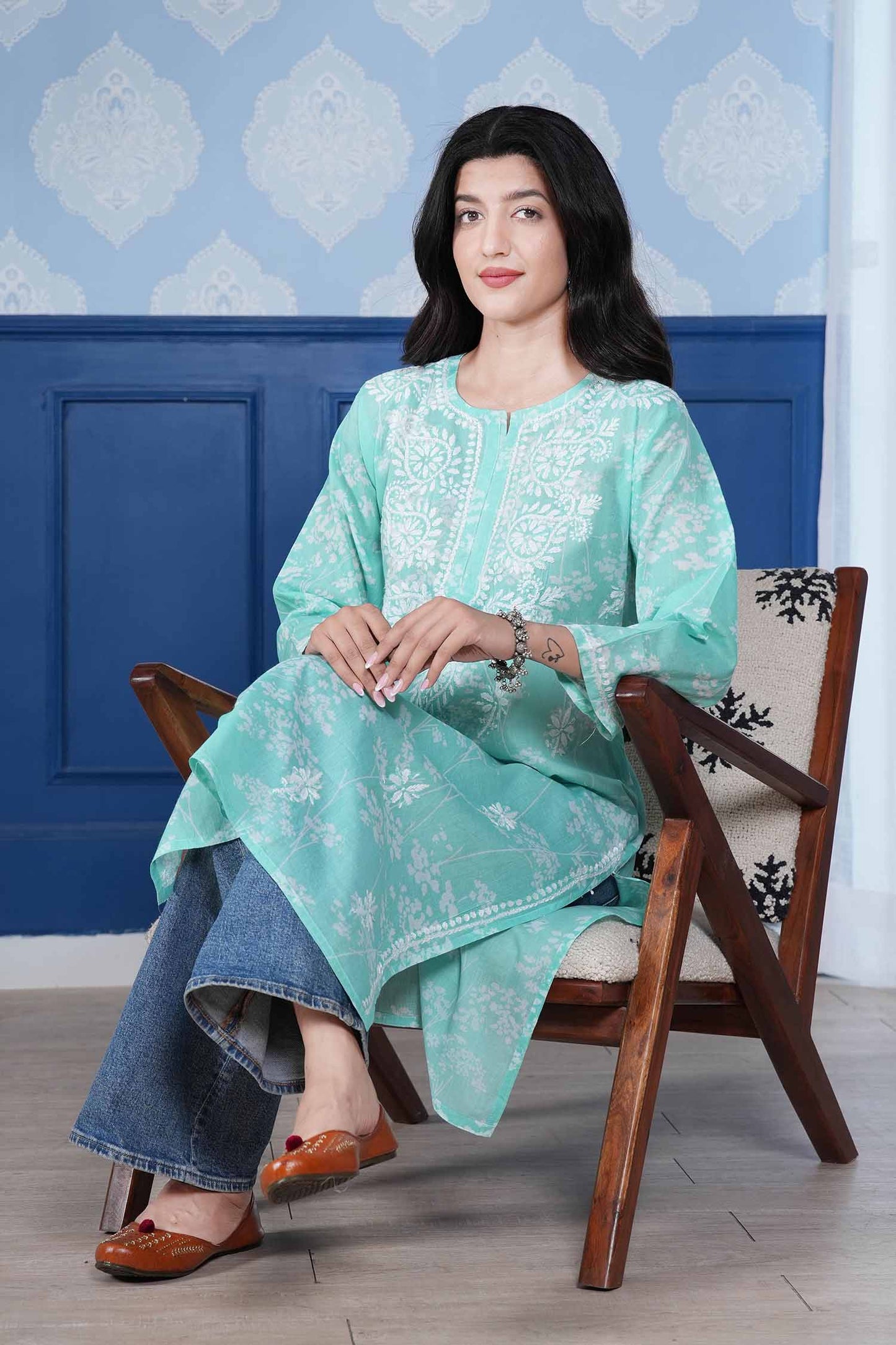 Omya Chikankari Long Kurta – Aqua Blue