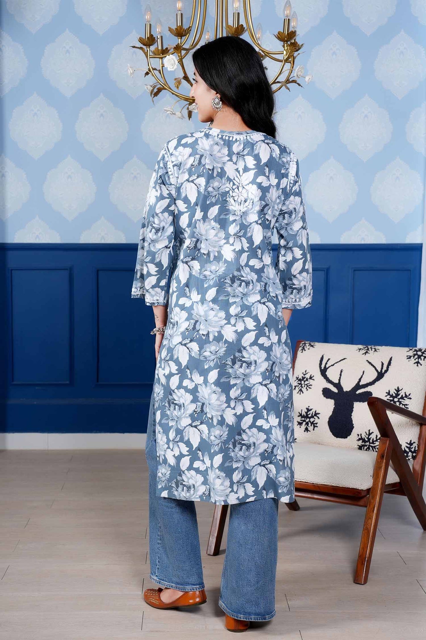 Monochromatic Printed Long Kurta – Blue Floral Print