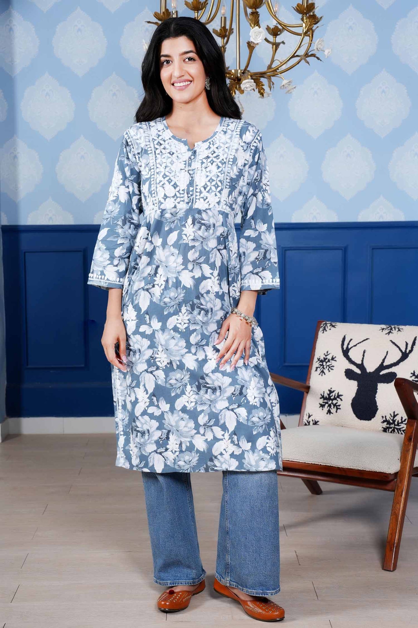 Monochromatic Printed Long Kurta – Blue Floral Print