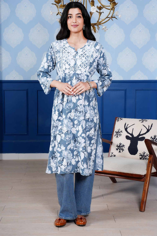 Monochromatic Printed Long Kurta – Blue Floral Print