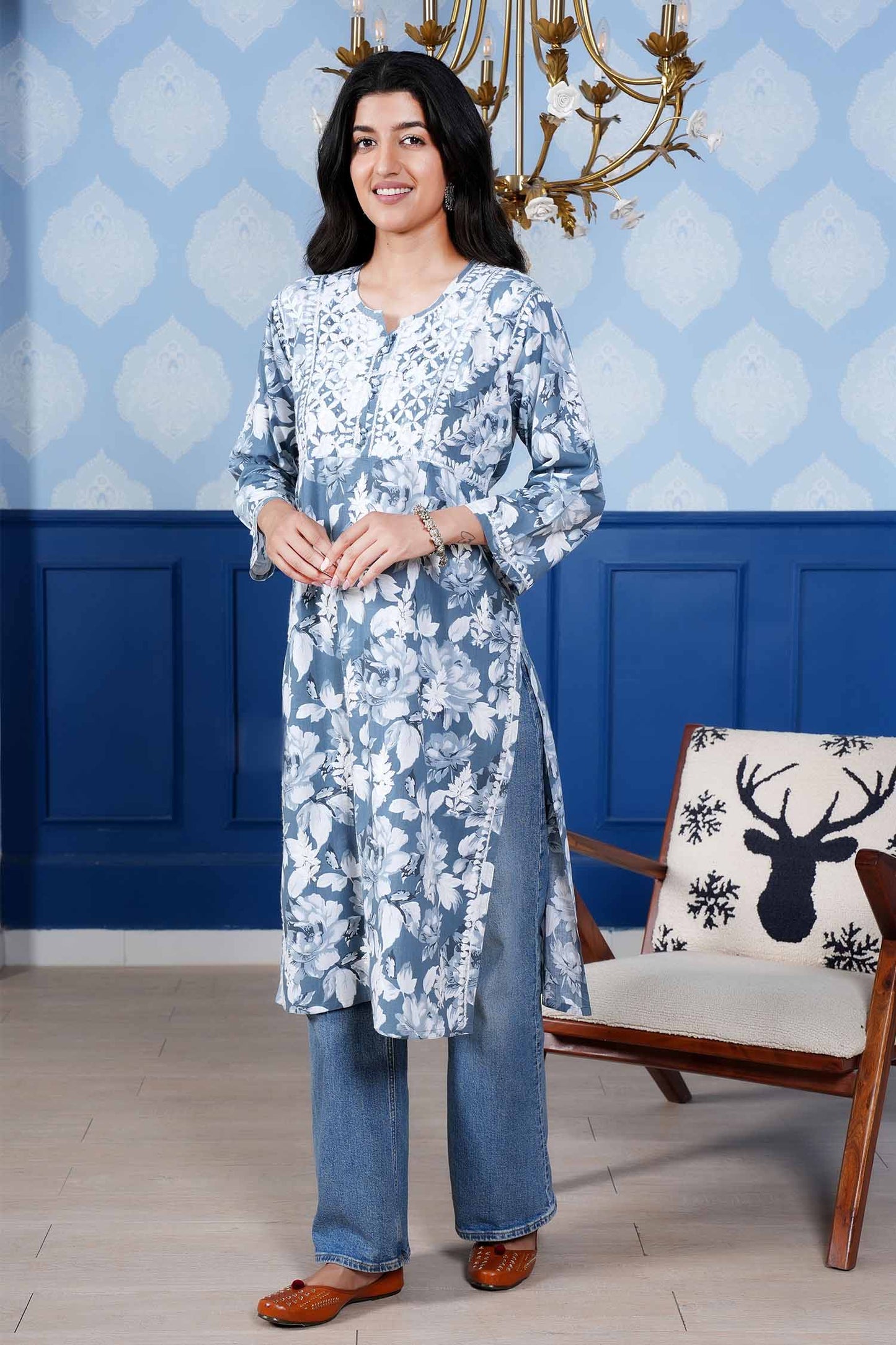 Monochromatic Printed Long Kurta – Blue Floral Print