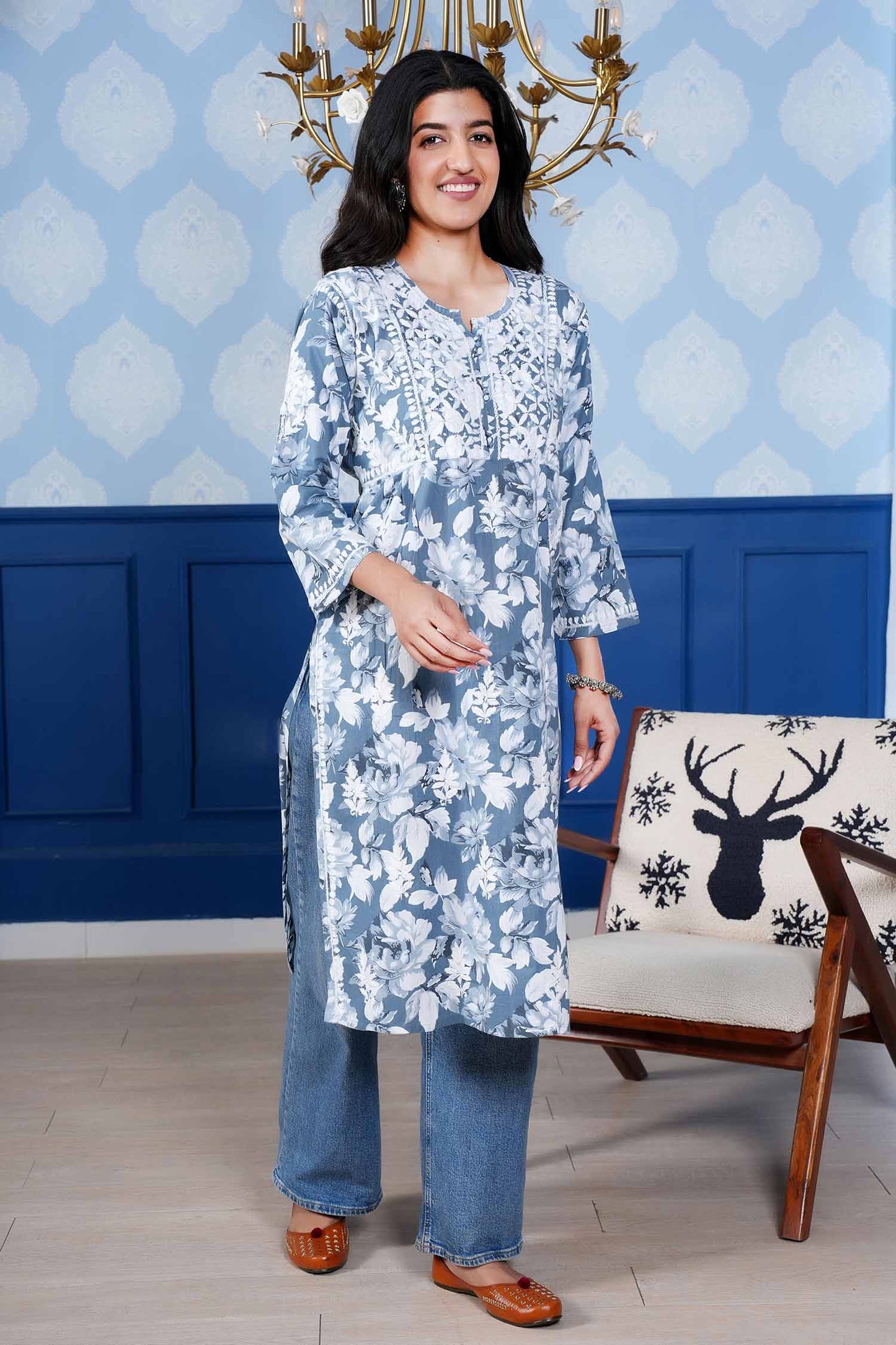 Monochromatic Printed Long Kurta – Blue Floral Print
