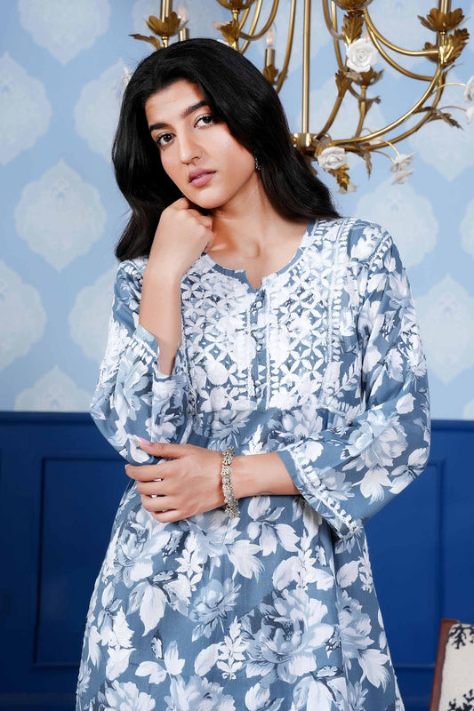Monochromatic Printed Long Kurta – Blue Floral Print