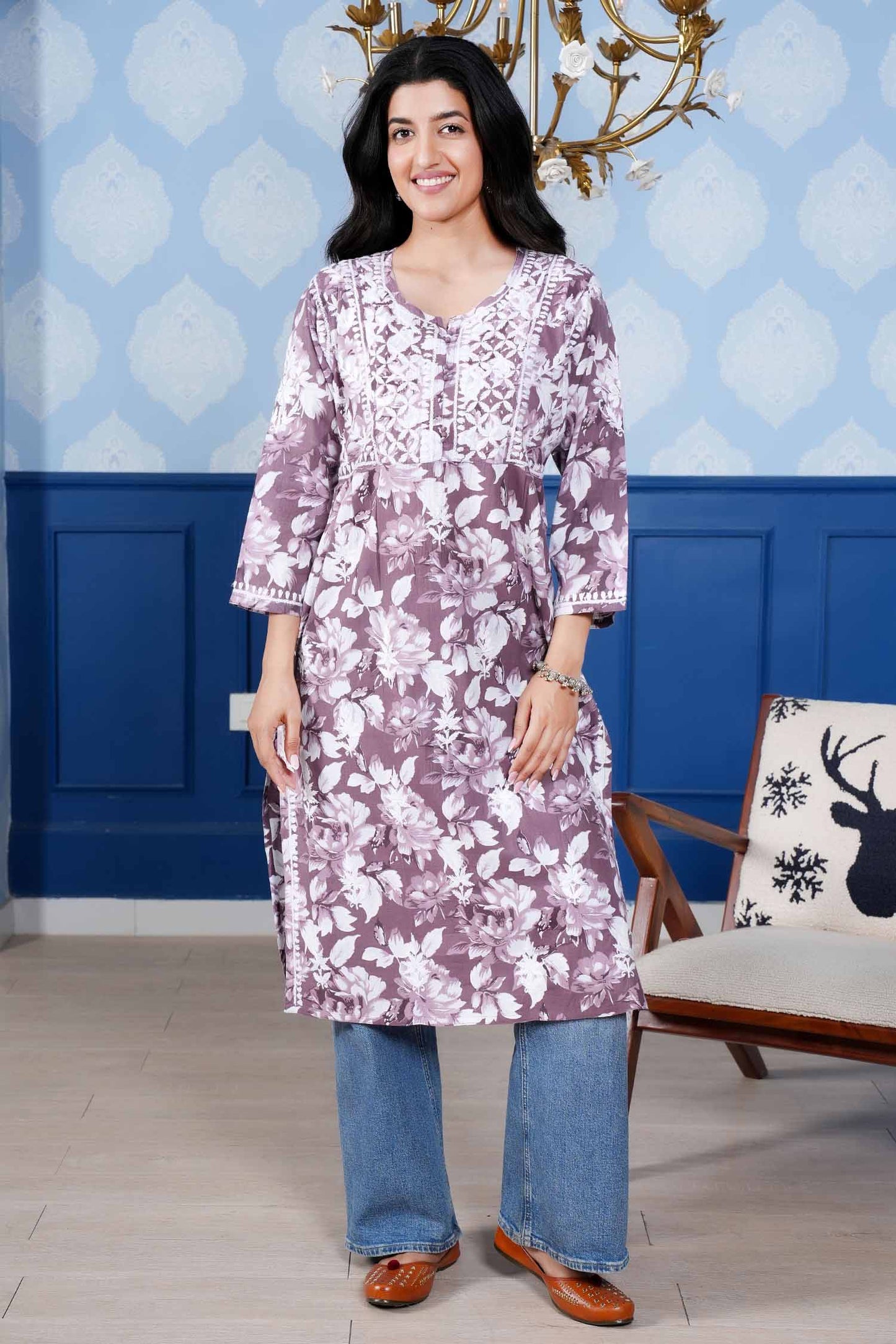 Monochromatic Printed Kurta – Purple Floral Print