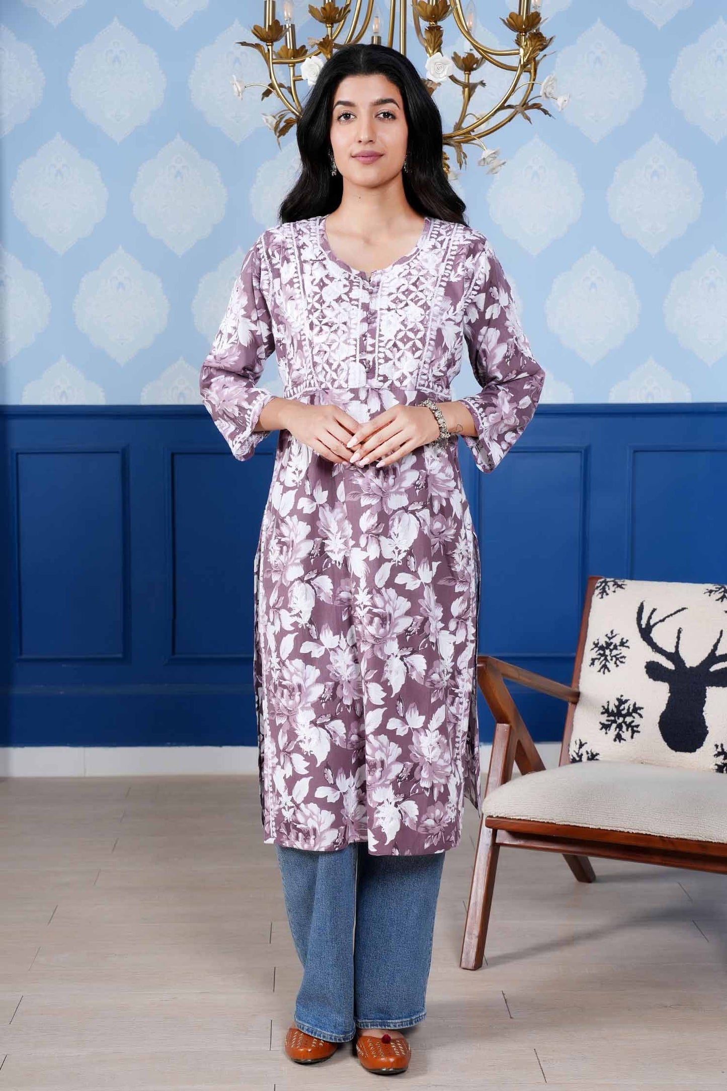 Monochromatic Printed Kurta – Purple Floral Print