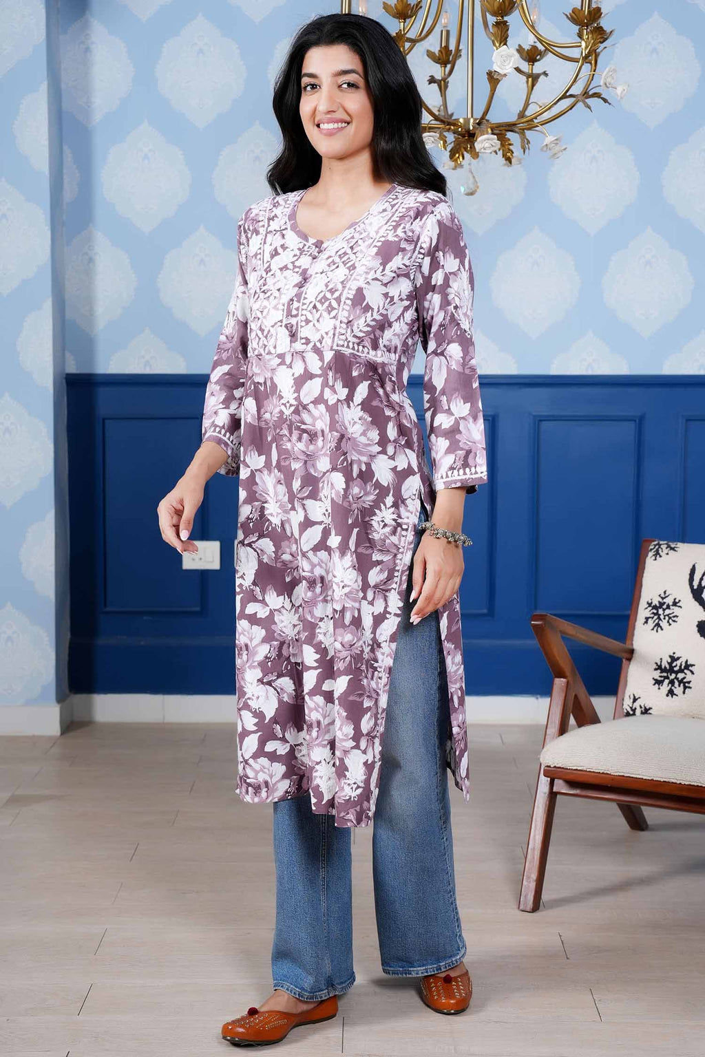 Monochromatic Printed Kurta – Purple Floral Print