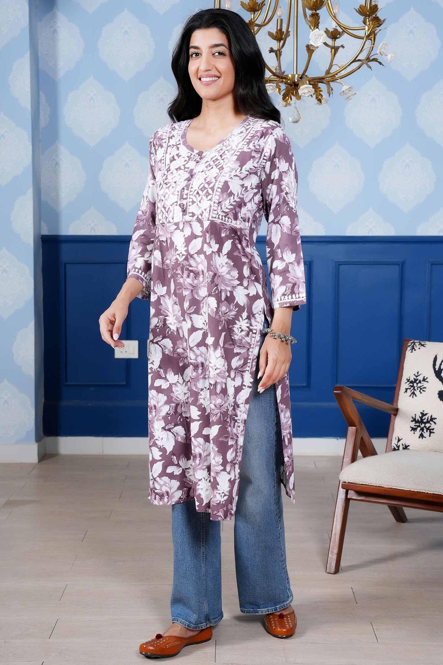 Monochromatic Printed Kurta – Purple Floral Print