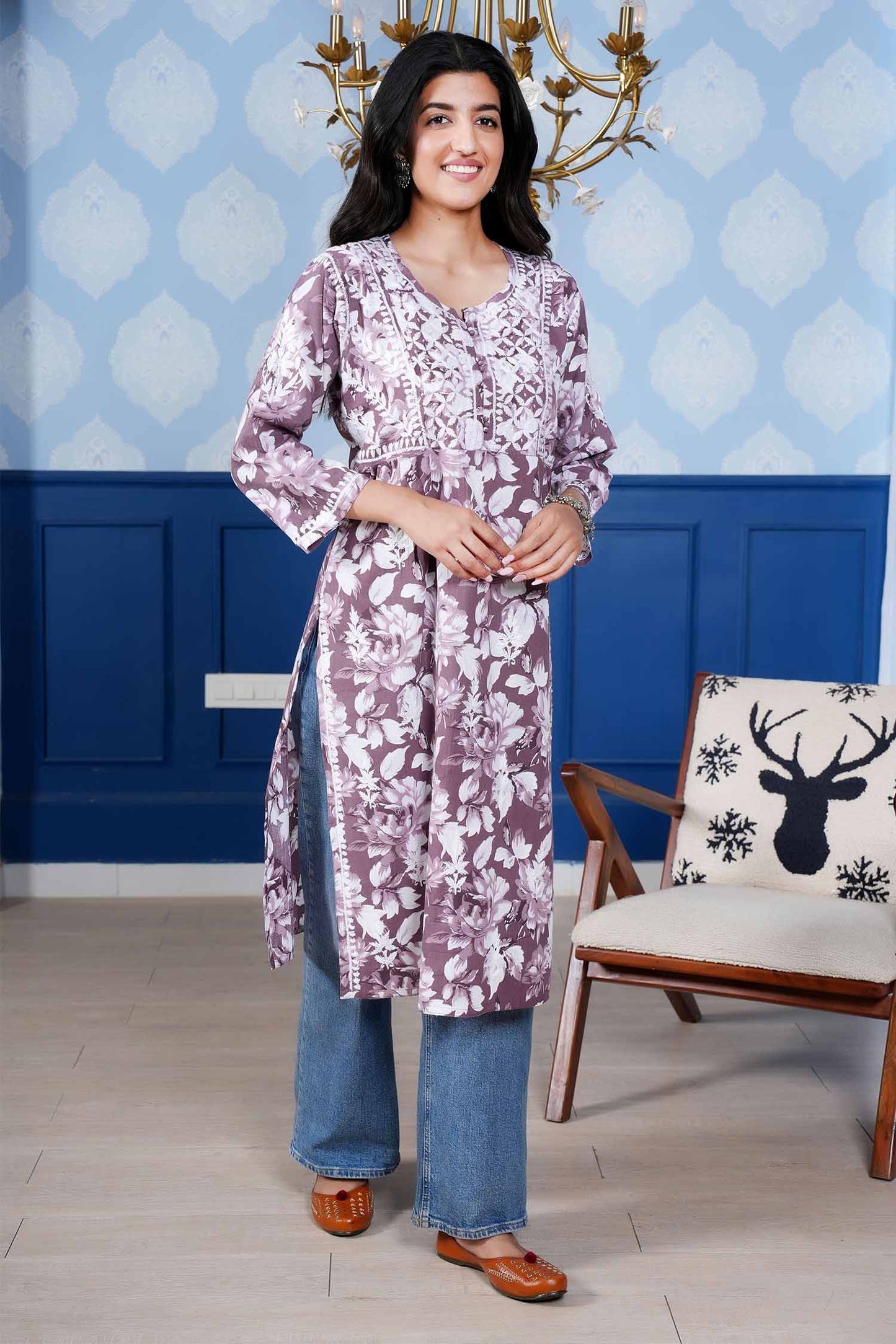 Monochromatic Printed Kurta – Purple Floral Print