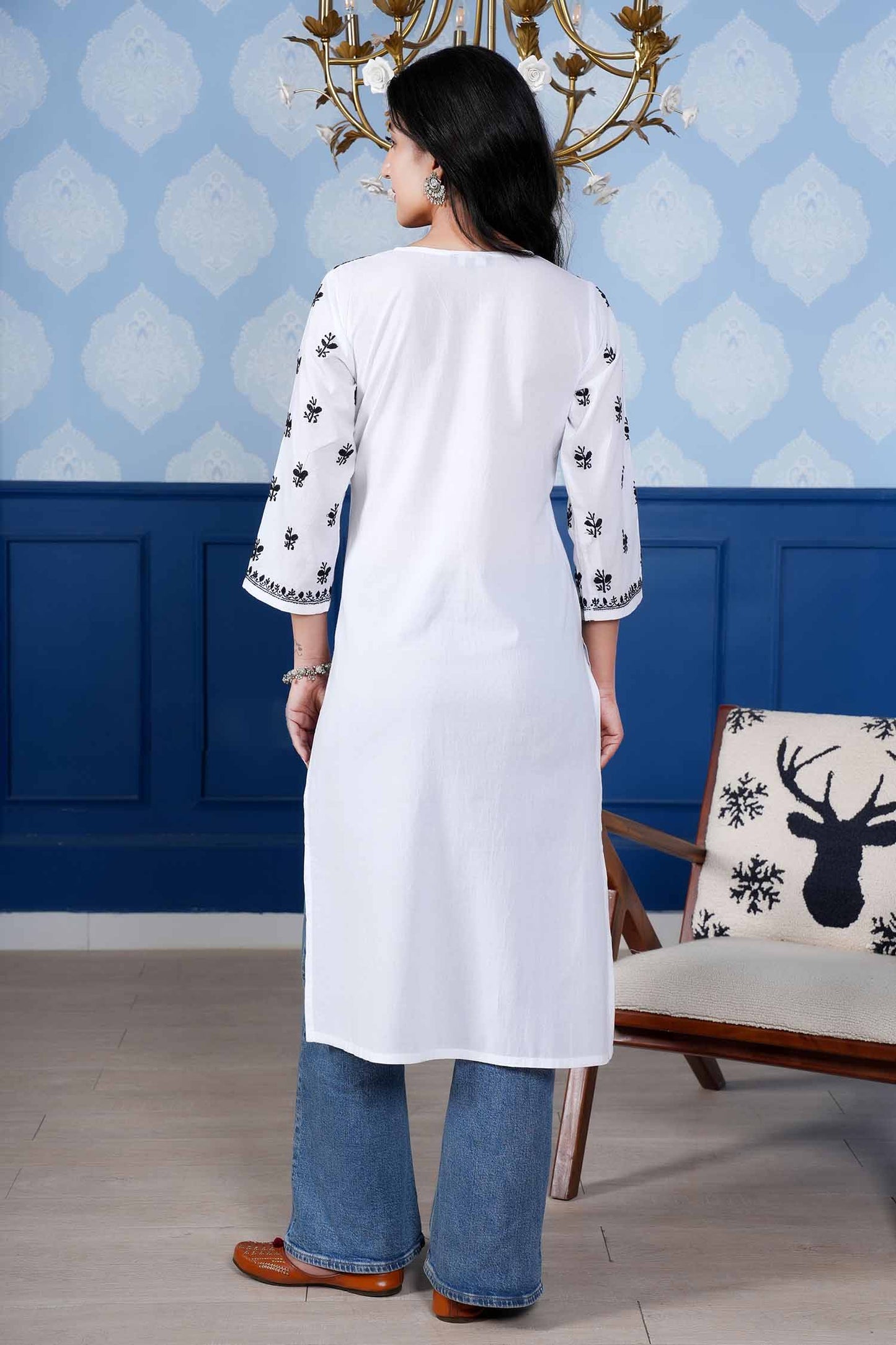 Mahi Black Embroidery  Long Chikankari Kurta – White