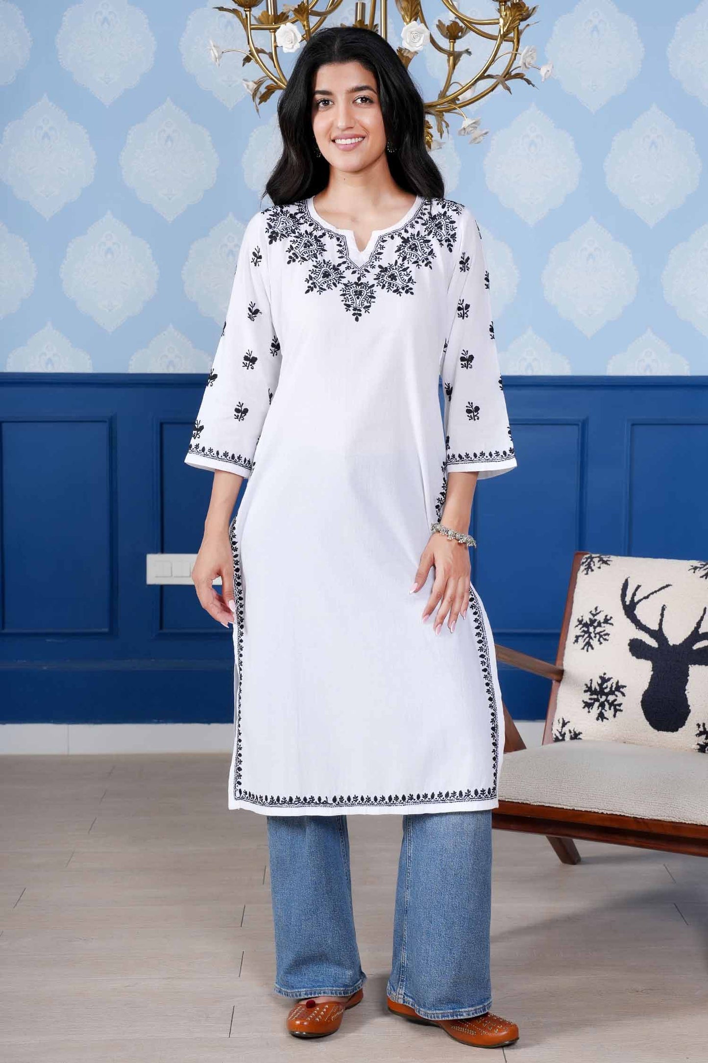 Mahi Black Embroidery  Long Chikankari Kurta – White