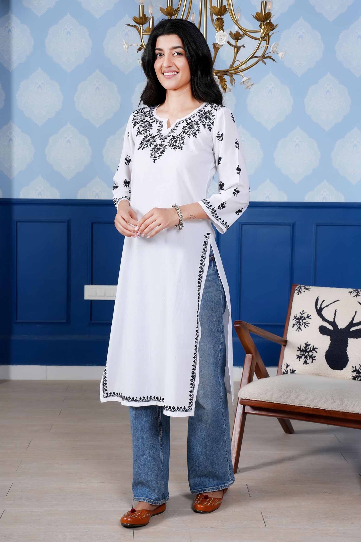 Mahi Black Embroidery  Long Chikankari Kurta – White