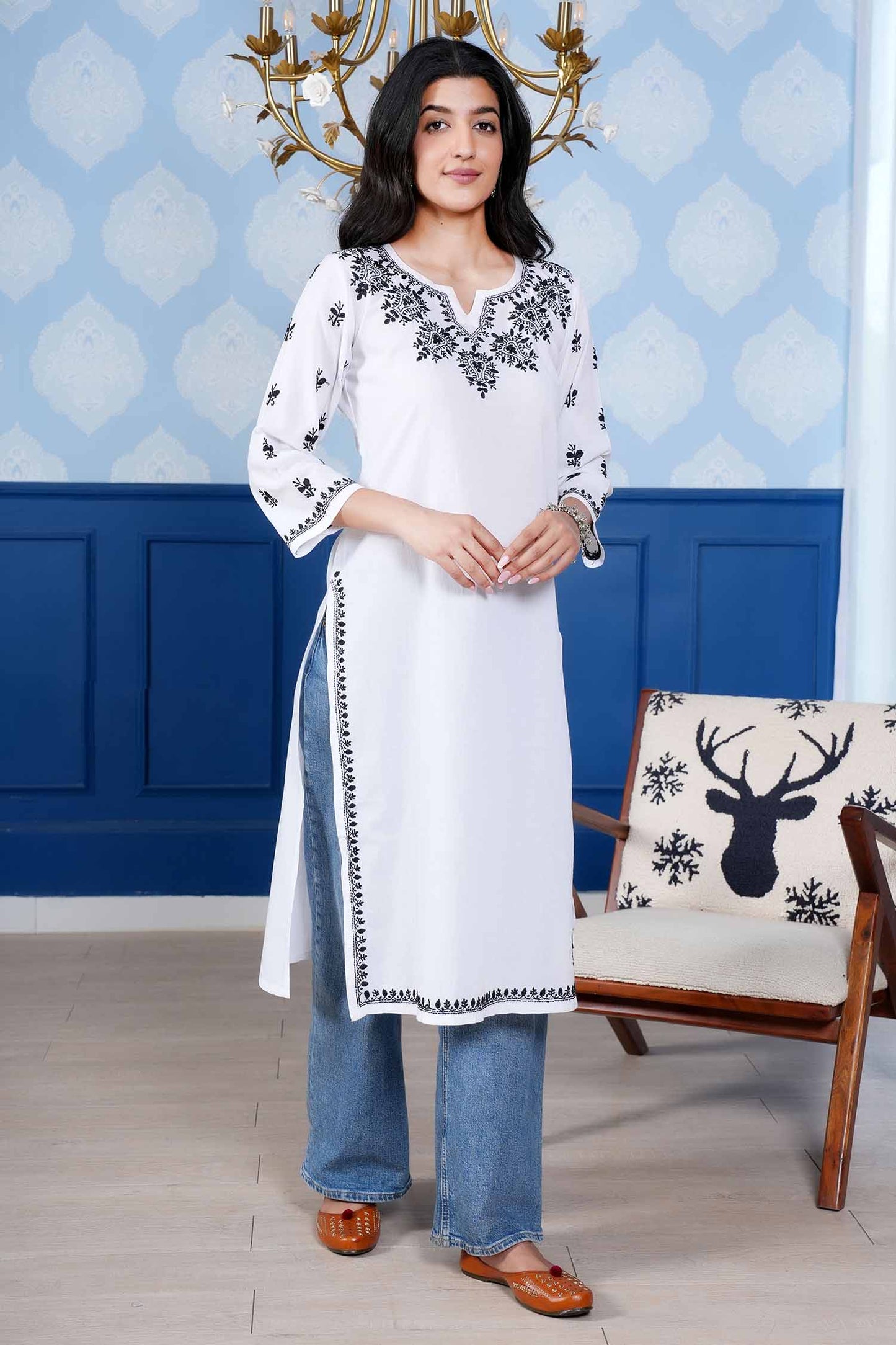Mahi Black Embroidery  Long Chikankari Kurta – White