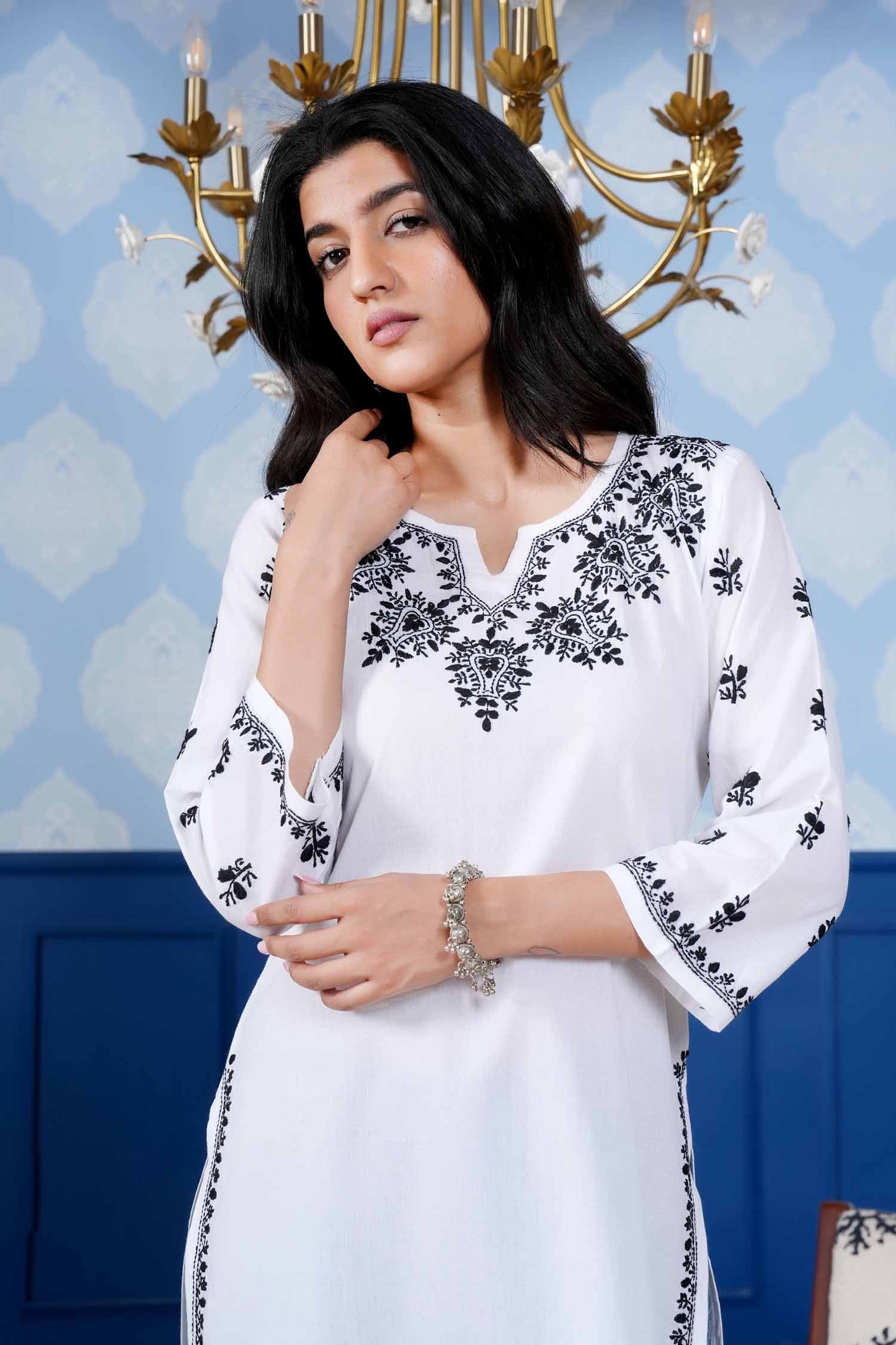 Mahi Black Embroidery  Long Chikankari Kurta – White