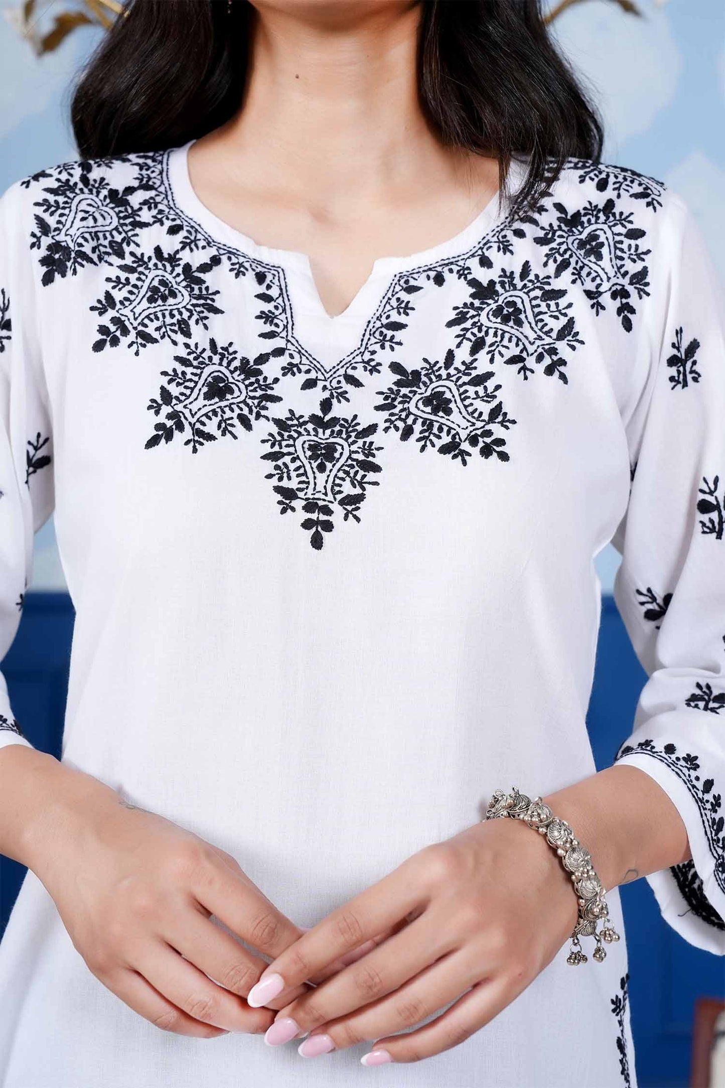 Mahi Black Embroidery  Long Chikankari Kurta – White