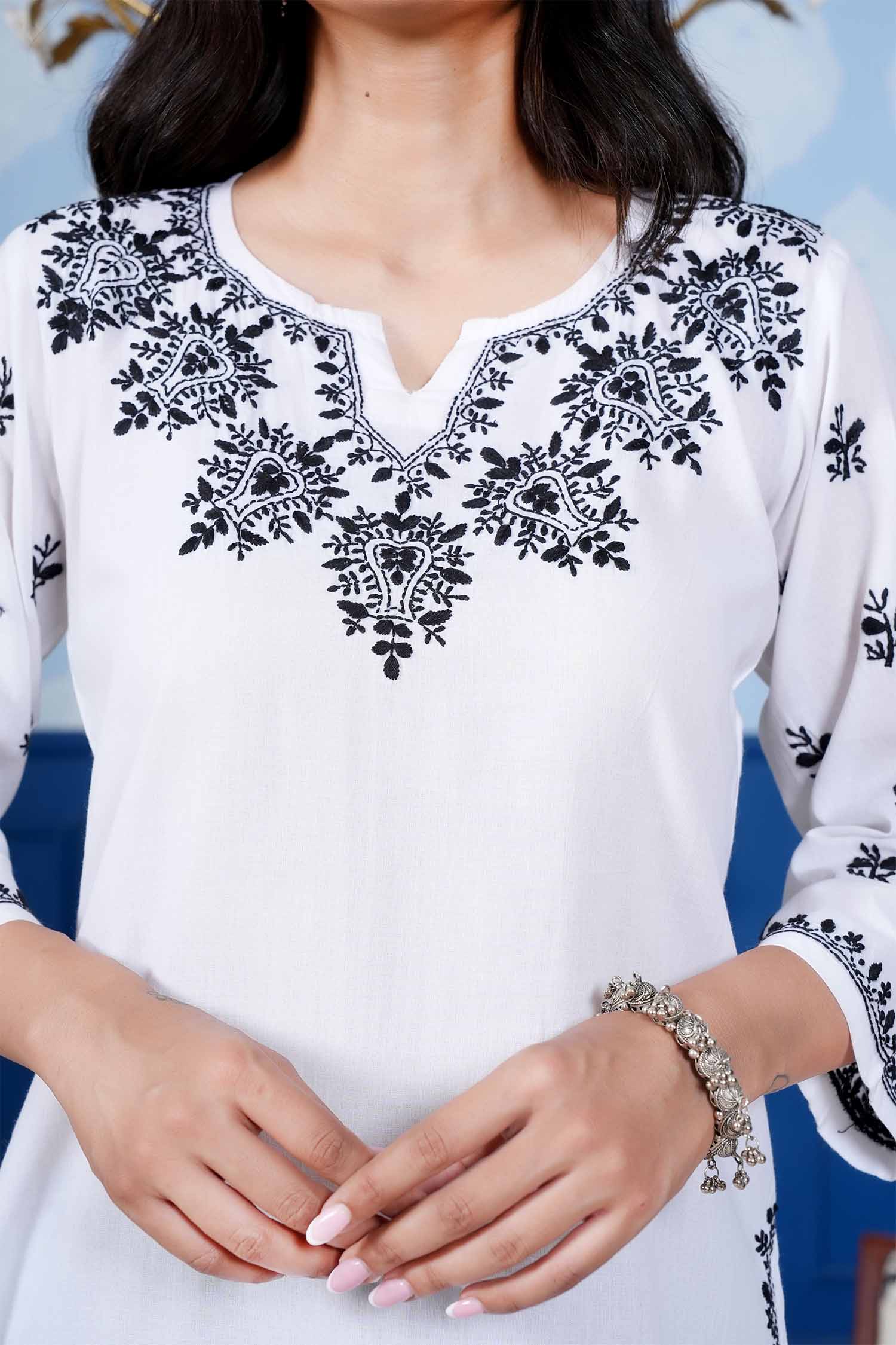 Mahi Black Embroidery  Long Chikankari Kurta – White
