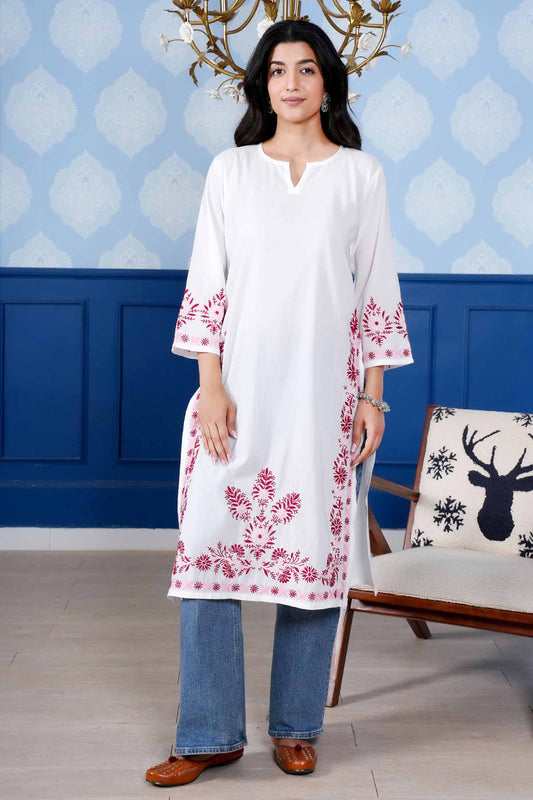 Sharvari Notch Neck Long Chikankari Kurta – White