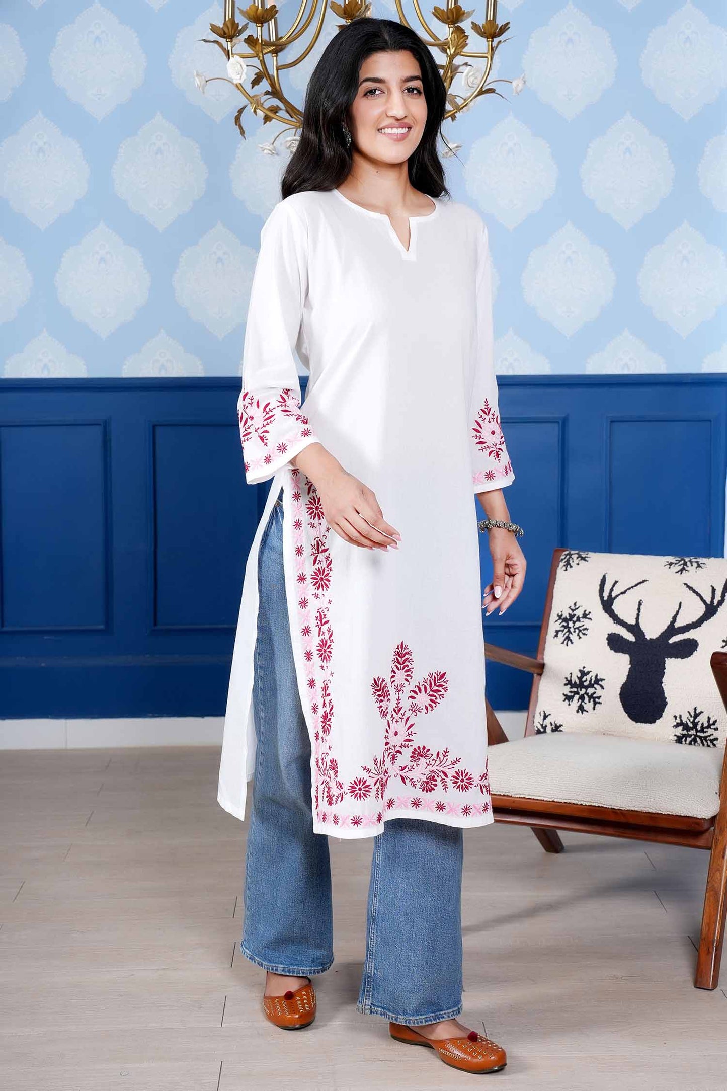 Sharvari Notch Neck Long Chikankari Kurta – White