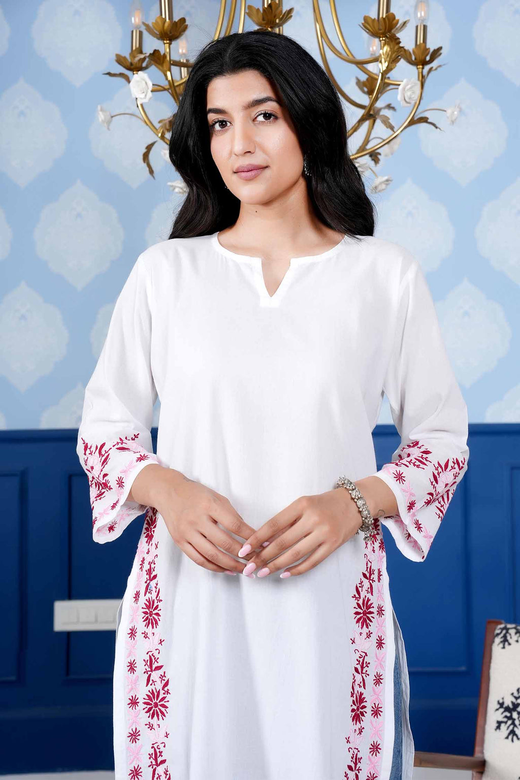 Sharvari Notch Neck Long Chikankari Kurta – White