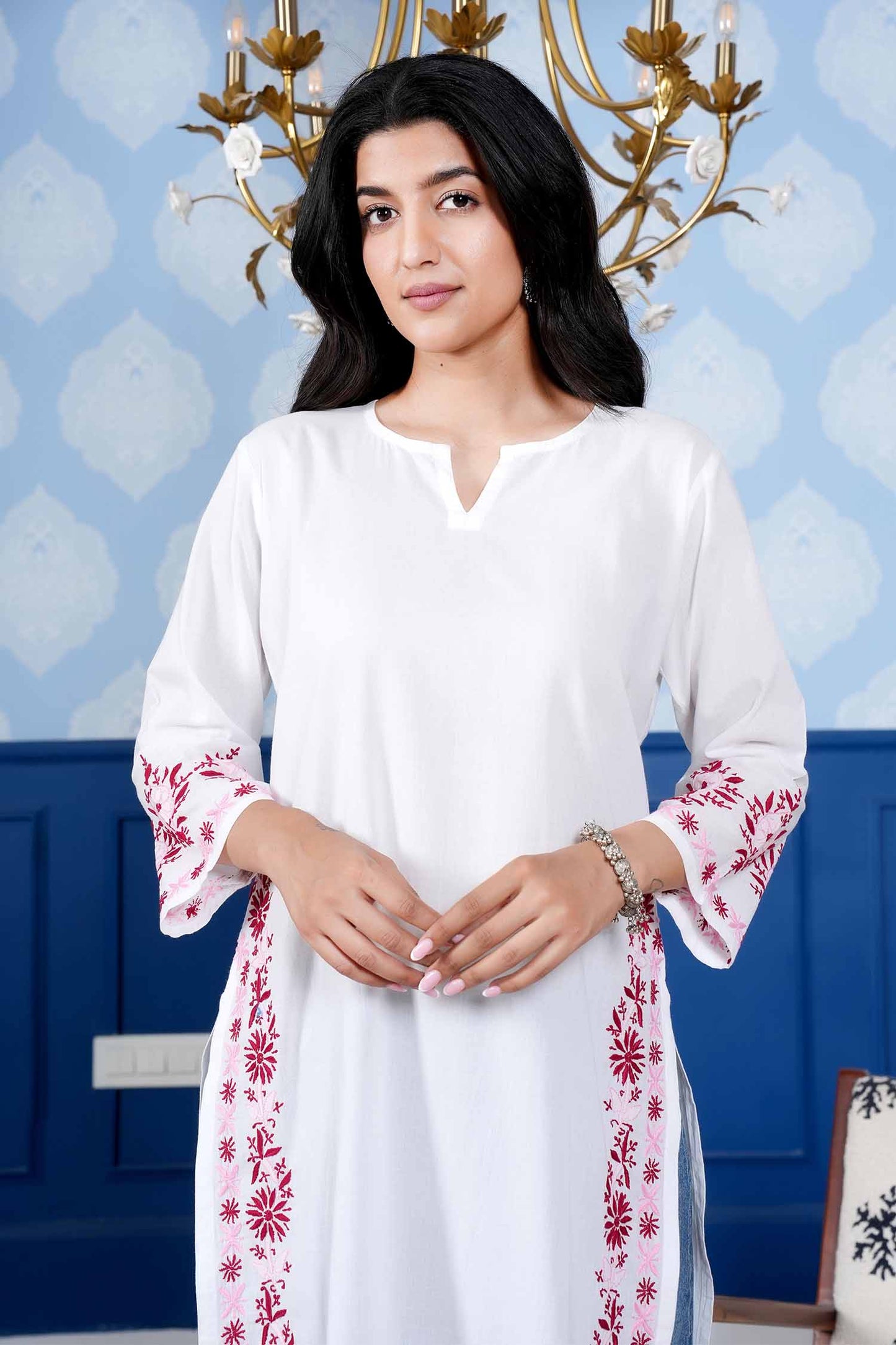 Sharvari Notch Neck Long Chikankari Kurta – White