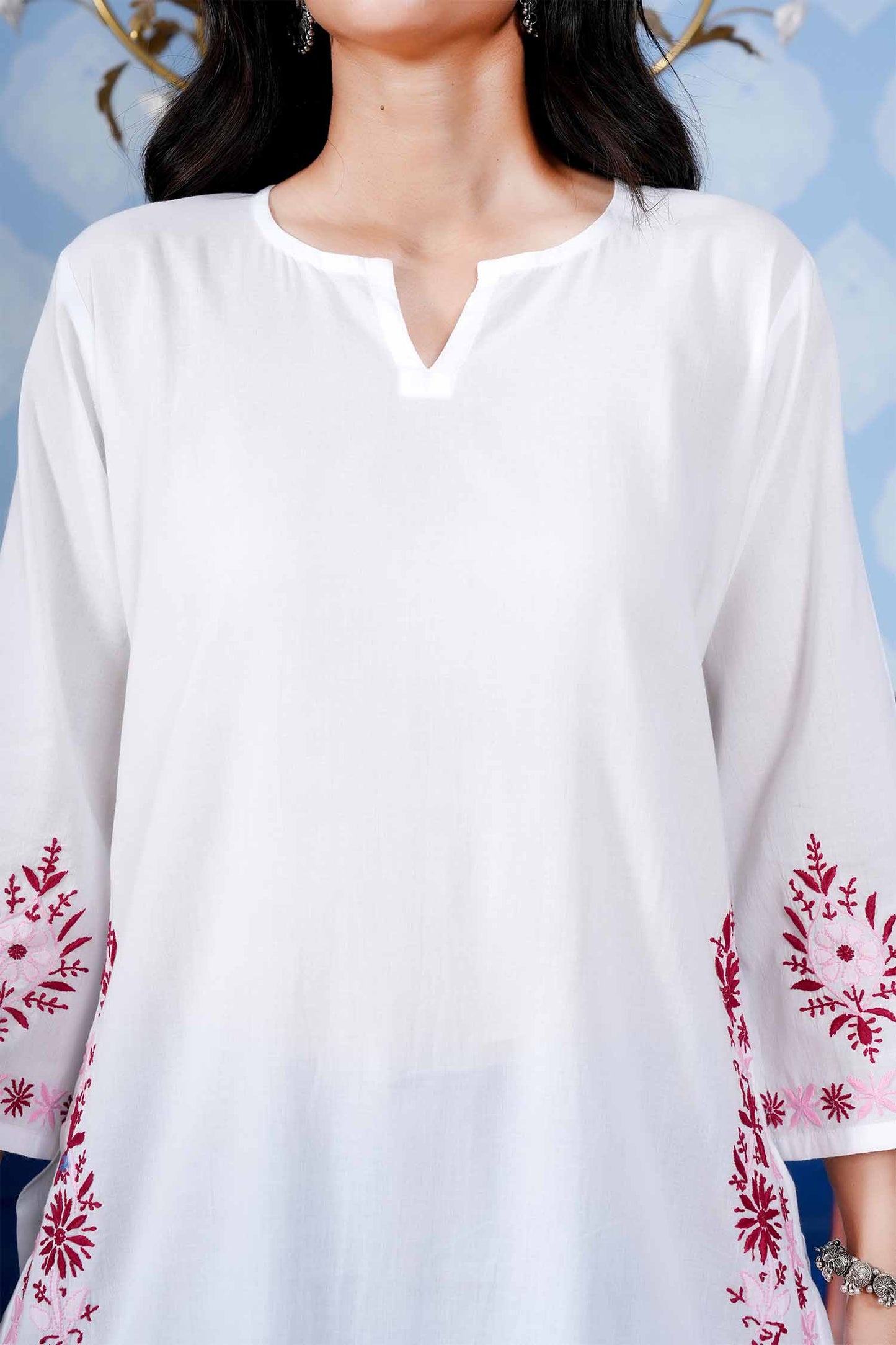 Sharvari Notch Neck Long Chikankari Kurta – White