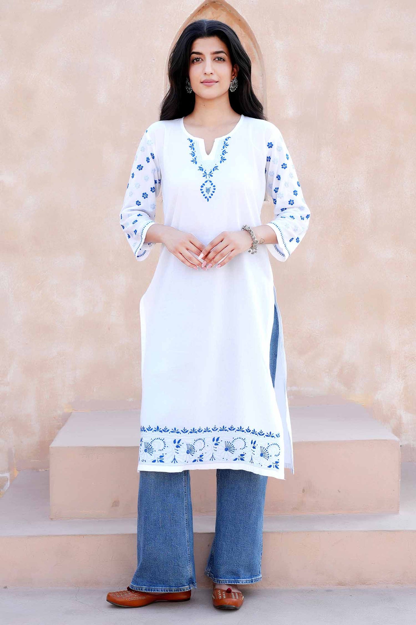 Nutan Long Chikankari Kurta – White