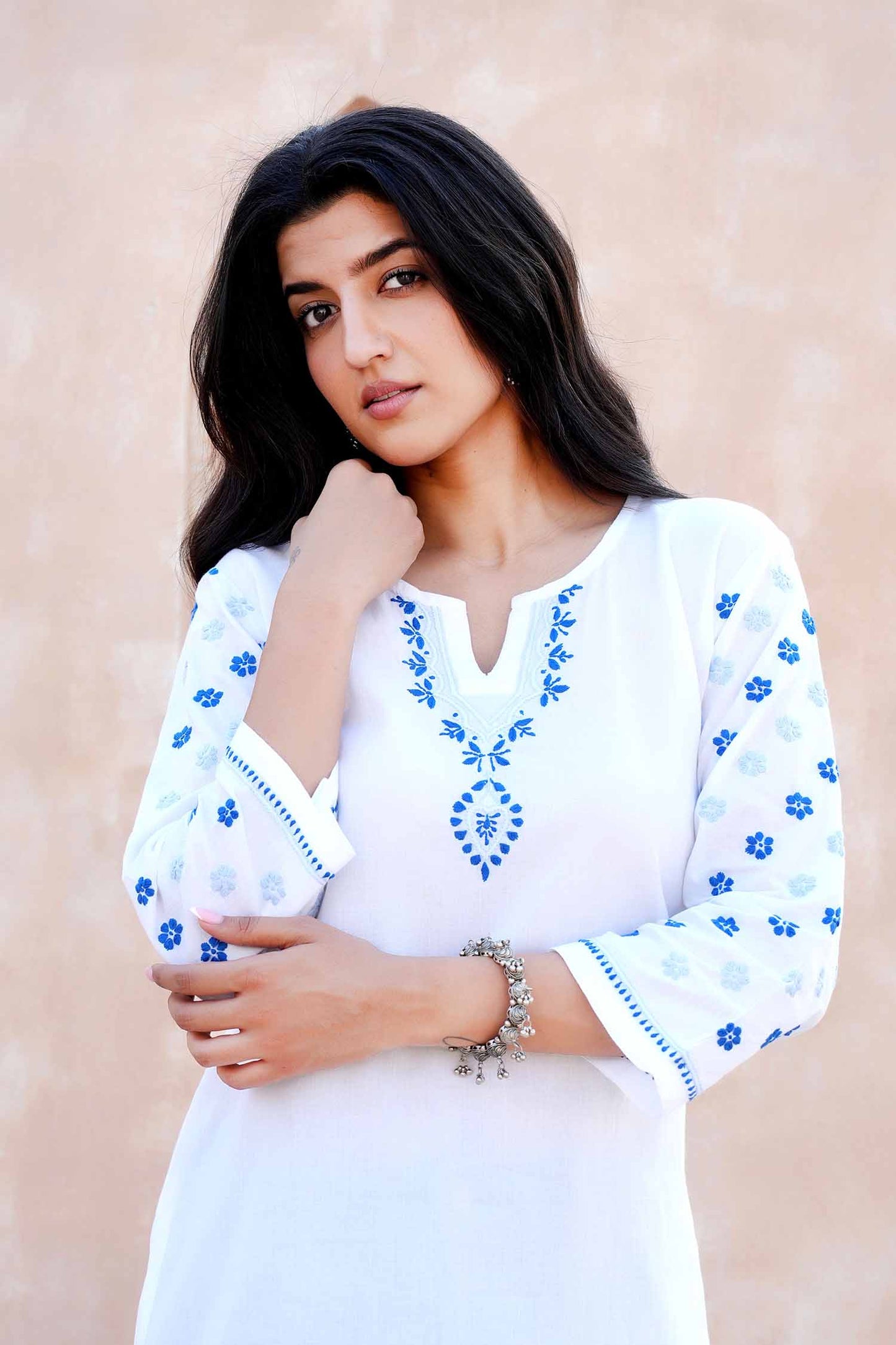 Nutan Long Chikankari Kurta – White
