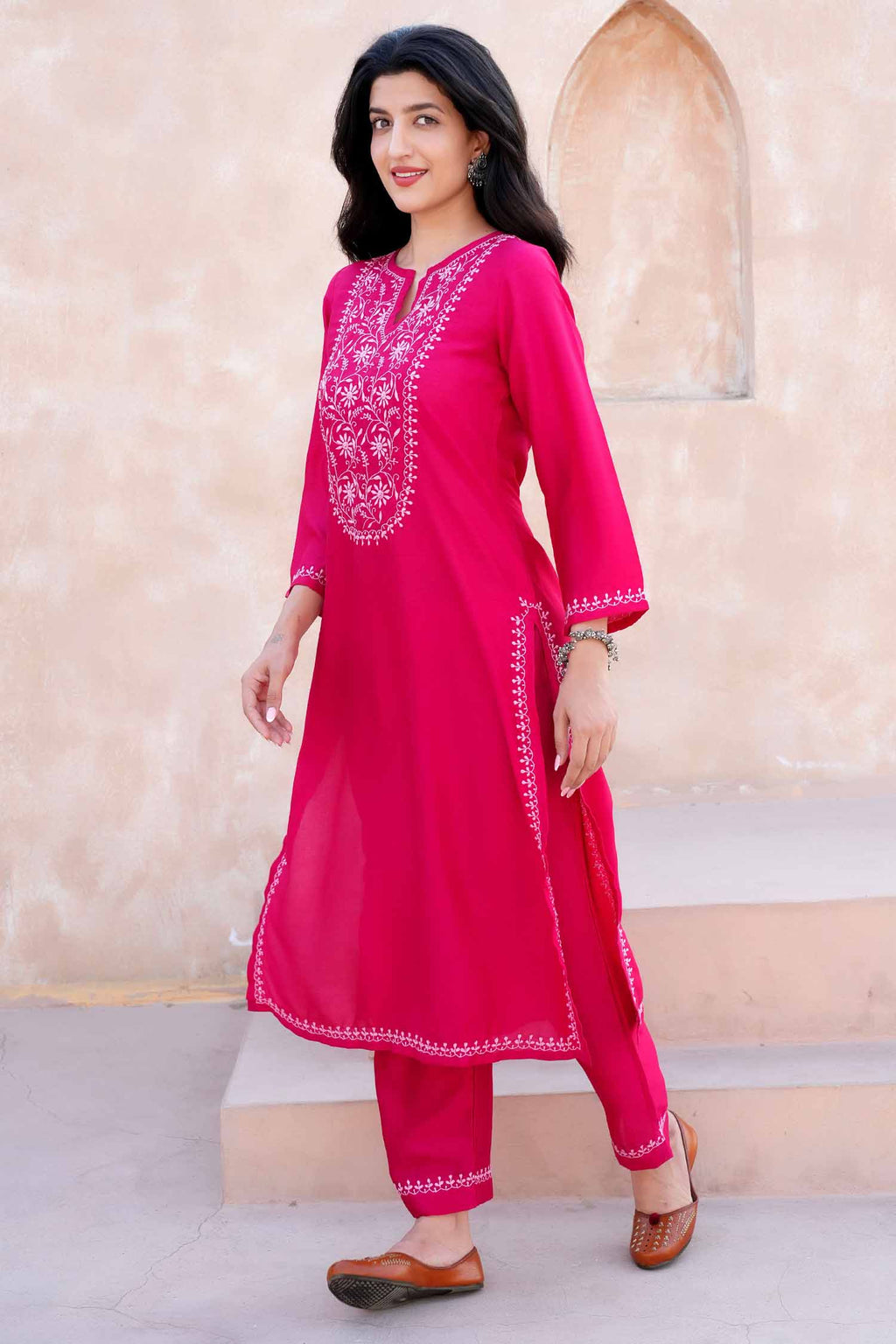 Devika  Chikankari Kurta Set with Baby Pink Embroidery