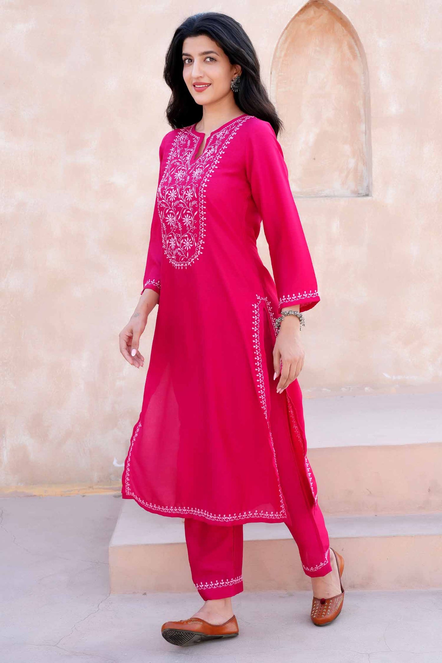 Devika  Chikankari Kurta Set with Baby Pink Embroidery