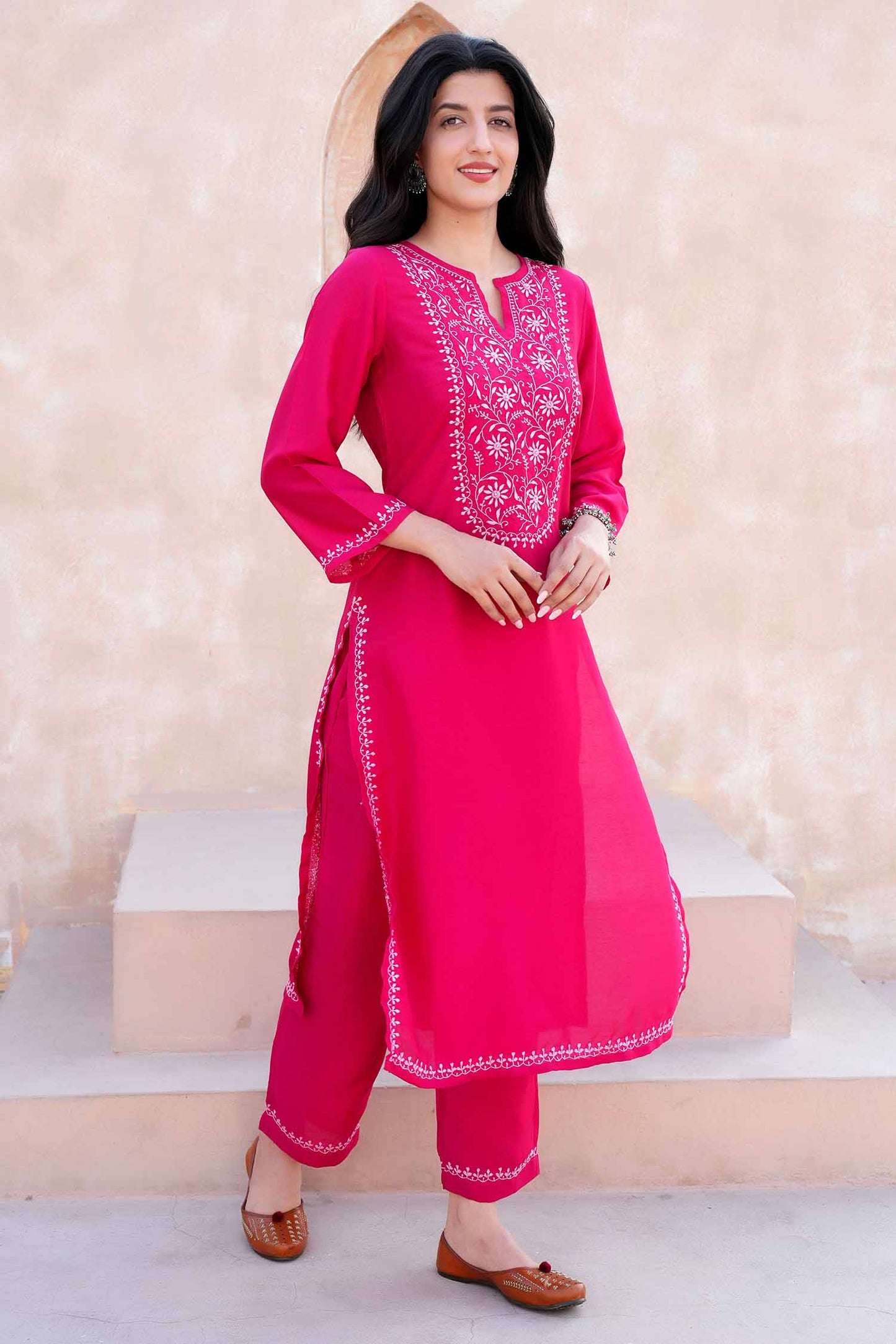 Devika  Chikankari Kurta Set with Baby Pink Embroidery