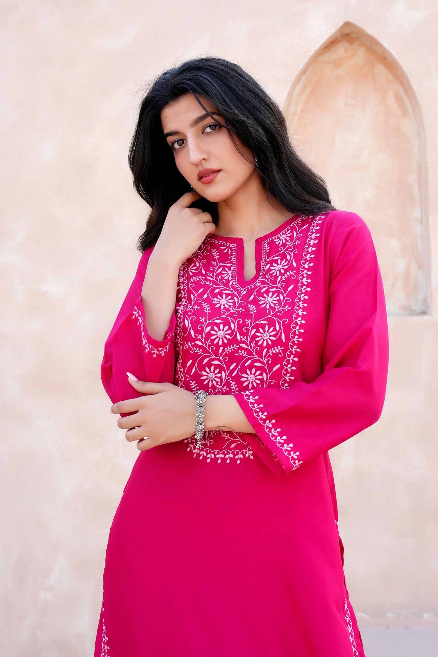 Devika  Chikankari Kurta Set with Baby Pink Embroidery
