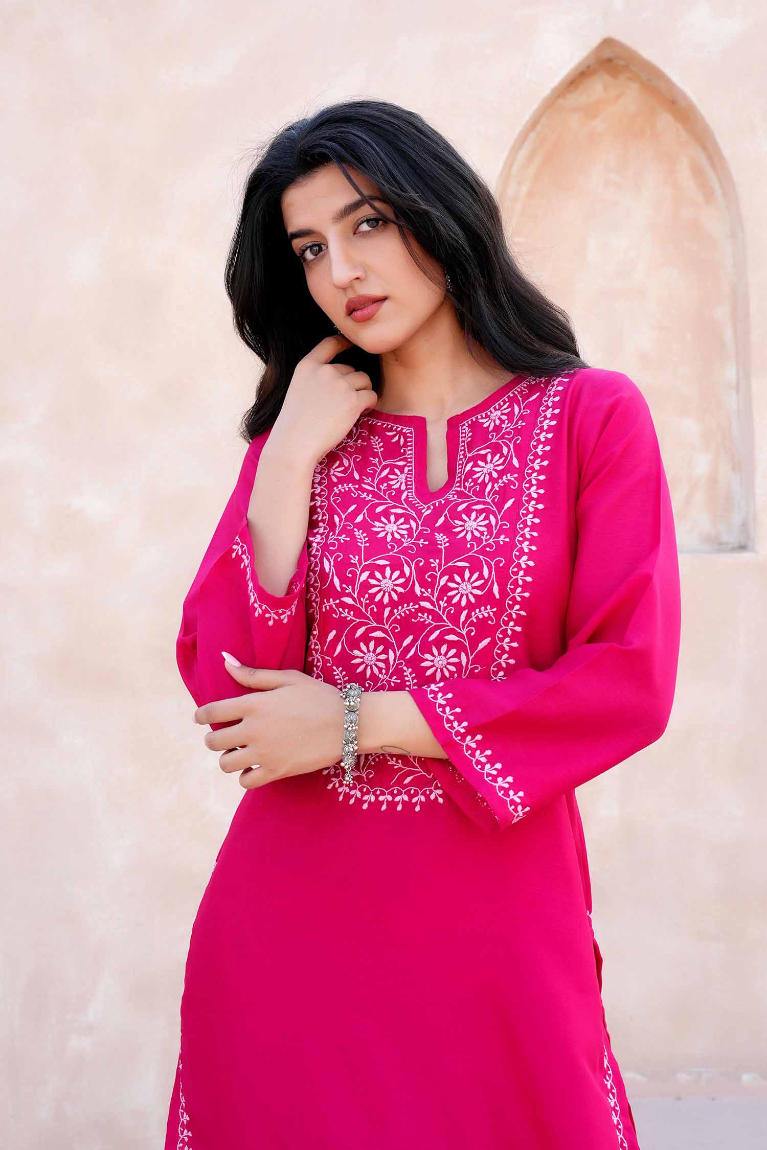 Devika  Chikankari Kurta Set with Baby Pink Embroidery