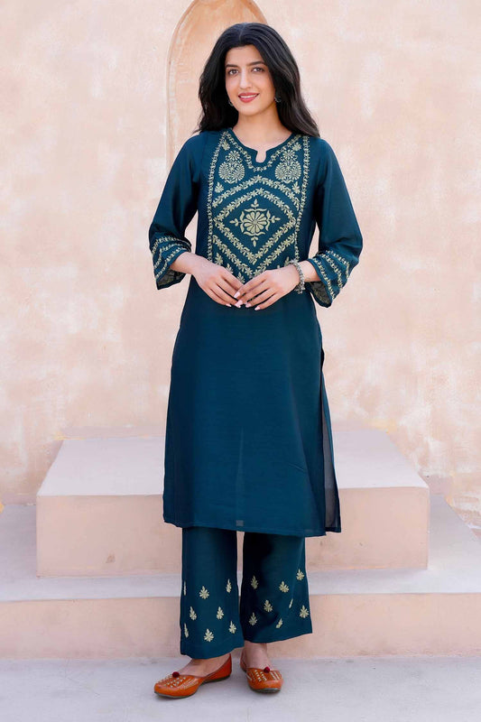 Hiya Green Chikankari Kurta Set With Light Green Embroidery