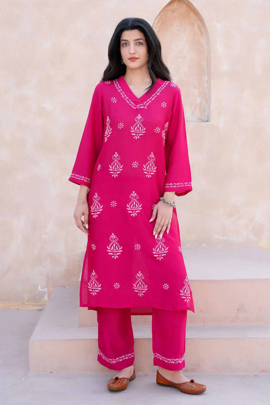 Bhavya  Chikankari Kurta Set on Silk – Classic V Neck
