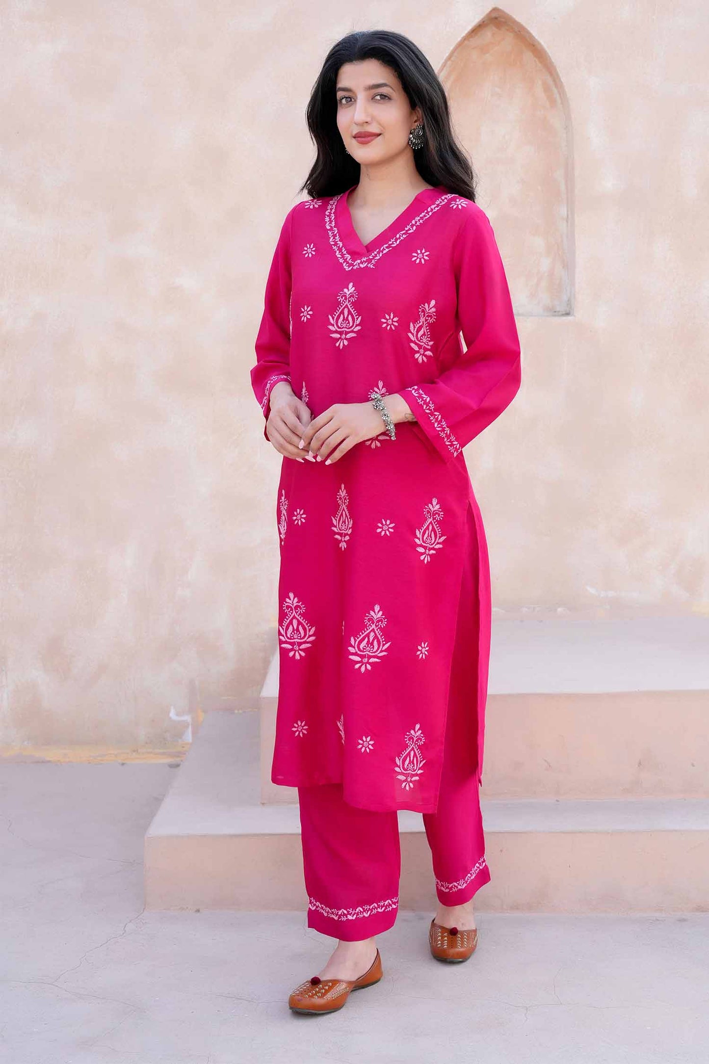 Bhavya  Chikankari Kurta Set on Silk – Classic V Neck