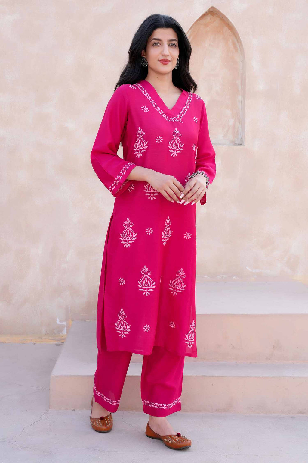 Bhavya  Chikankari Kurta Set on Silk – Classic V Neck