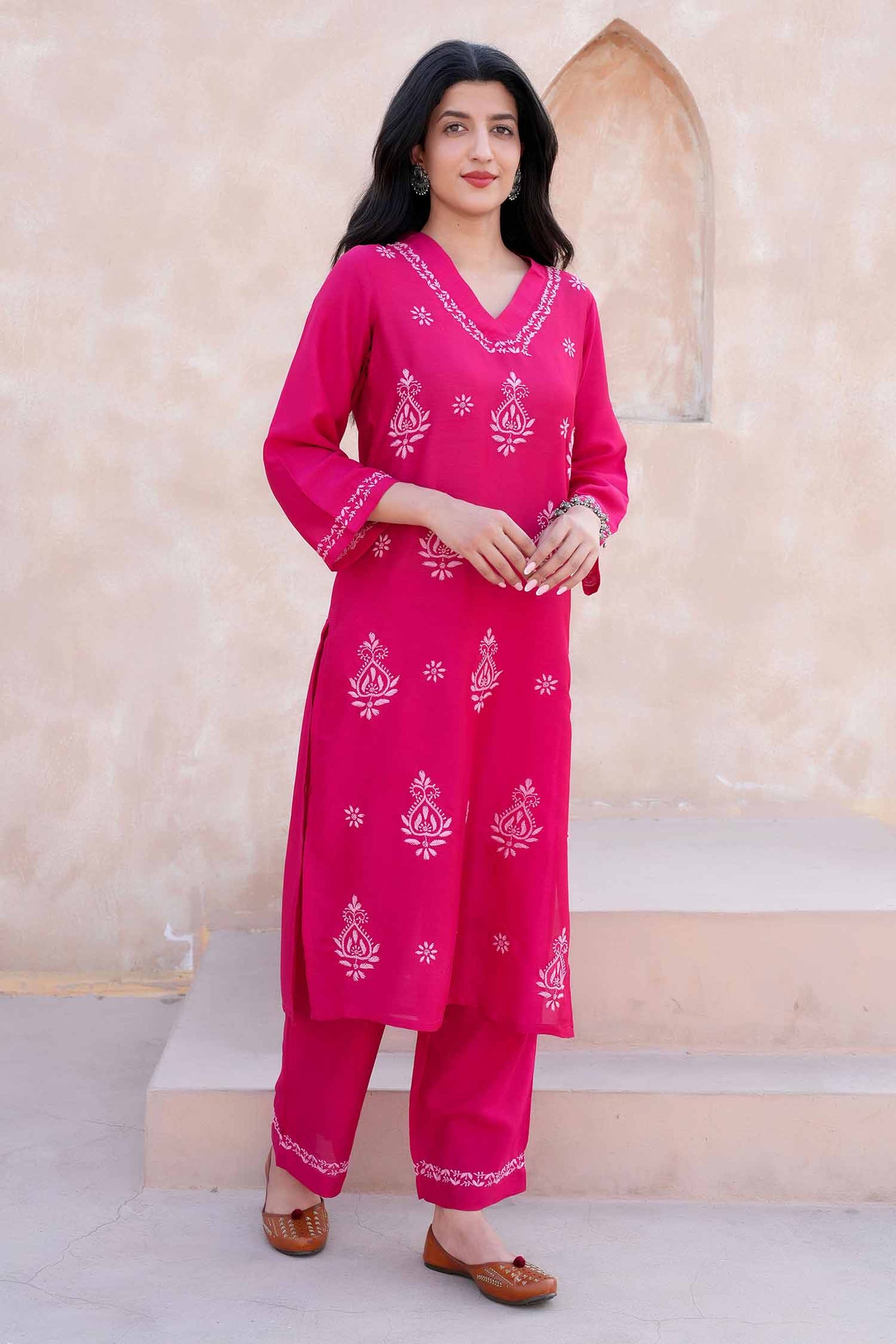 Bhavya  Chikankari Kurta Set on Silk – Classic V Neck
