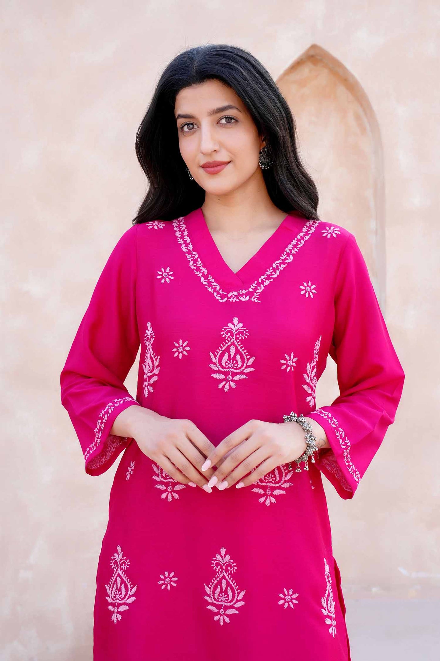 Bhavya  Chikankari Kurta Set on Silk – Classic V Neck