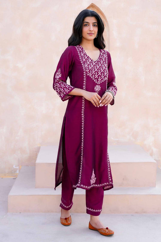 Lavanya Chikankari Kurta Set with Soft Pink Chikankari Embroidery – V Neck Kurta