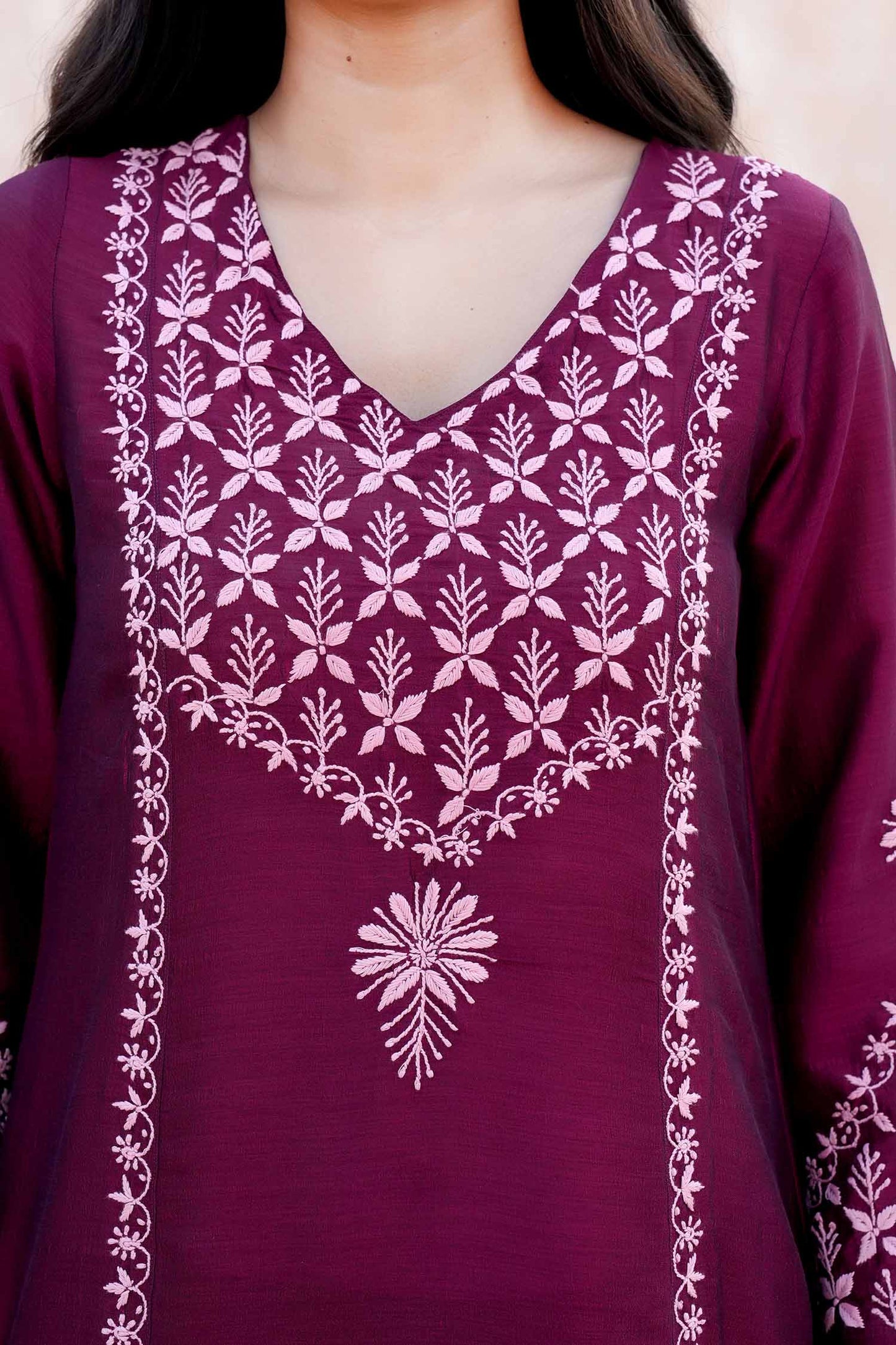 Lavanya Chikankari Kurta Set with Soft Pink Chikankari Embroidery – V Neck Kurta