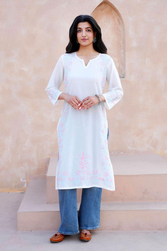 Jivika Pink & Blue Embroidery Chikankari Kurta – White