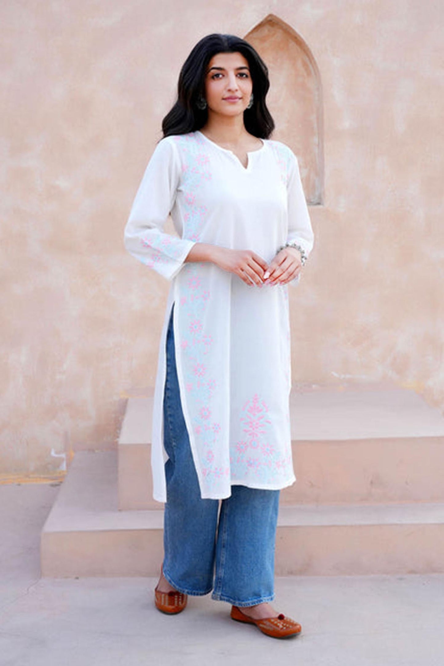 Jivika Pink & Blue Embroidery Chikankari Kurta – White