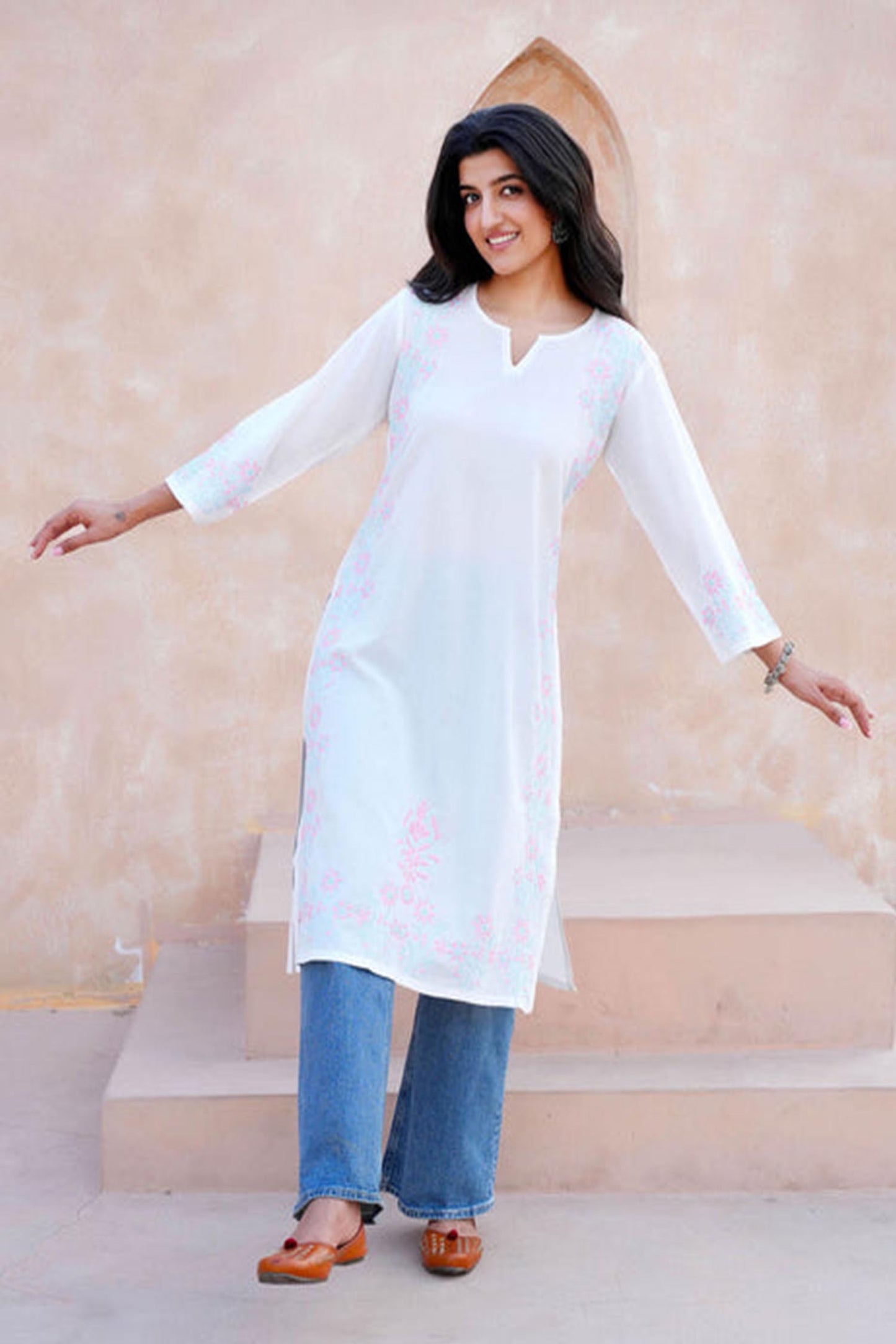 Jivika Pink & Blue Embroidery Chikankari Kurta – White