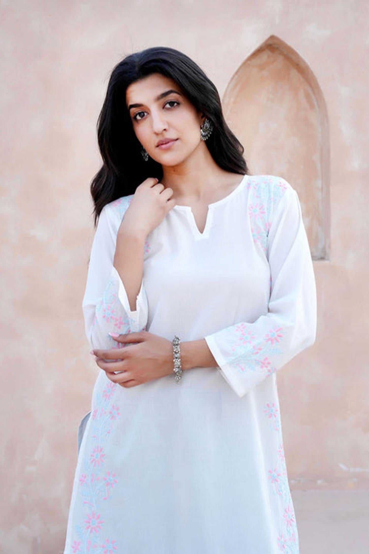 Jivika Pink & Blue Embroidery Chikankari Kurta – White