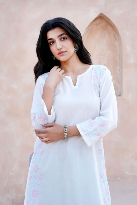 Jivika Pink & Blue Embroidery Chikankari Kurta – White