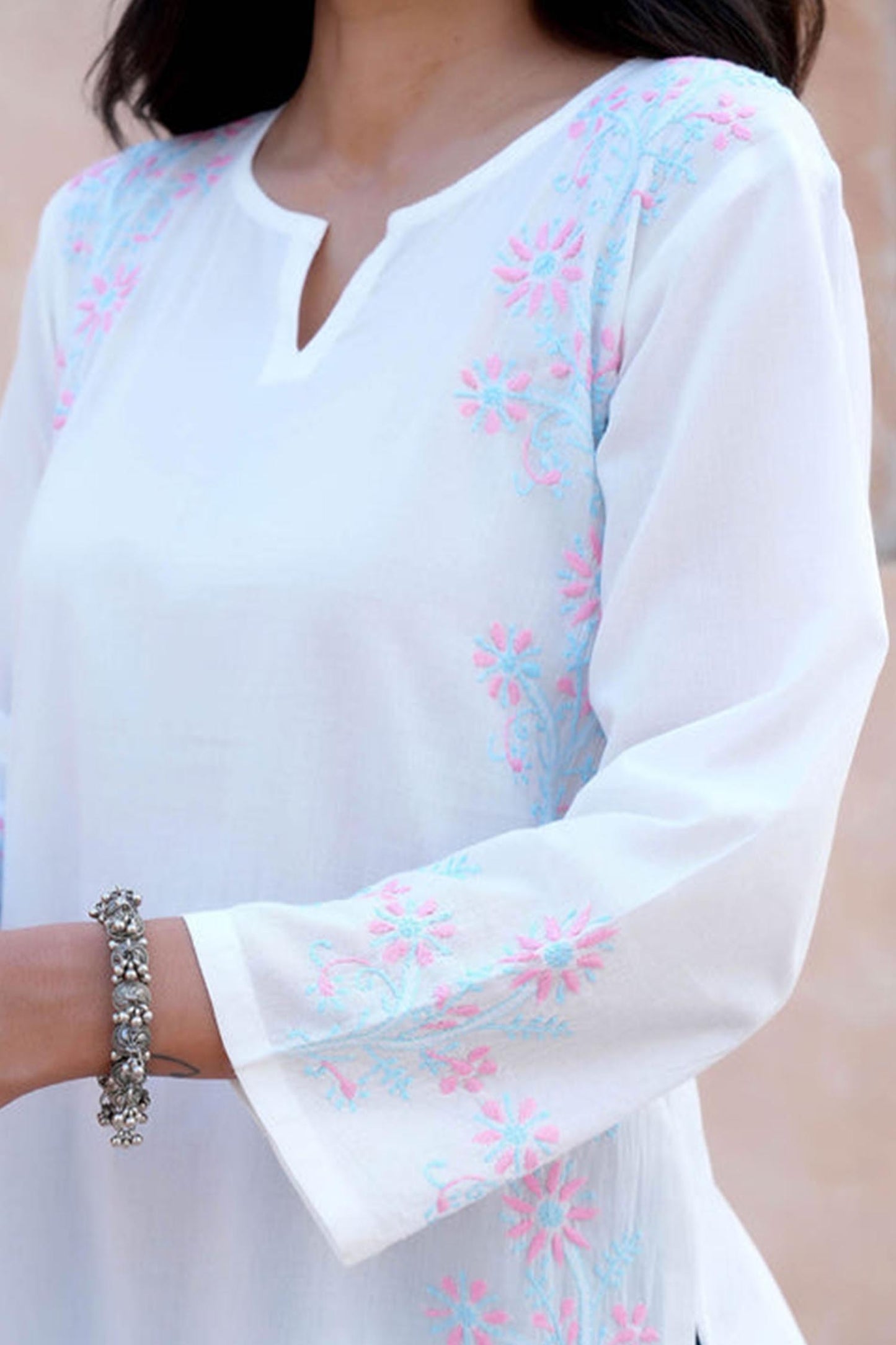 Jivika Pink & Blue Embroidery Chikankari Kurta – White