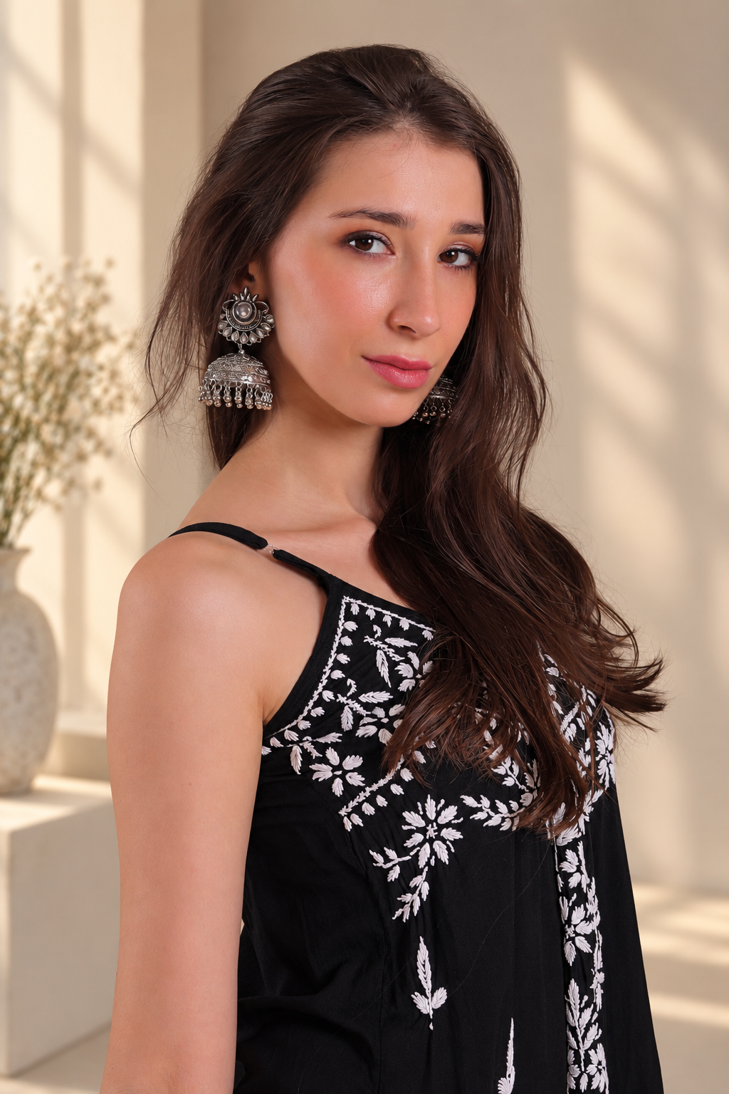 Oorja Noodle Strap Chikankari Kurta - Black