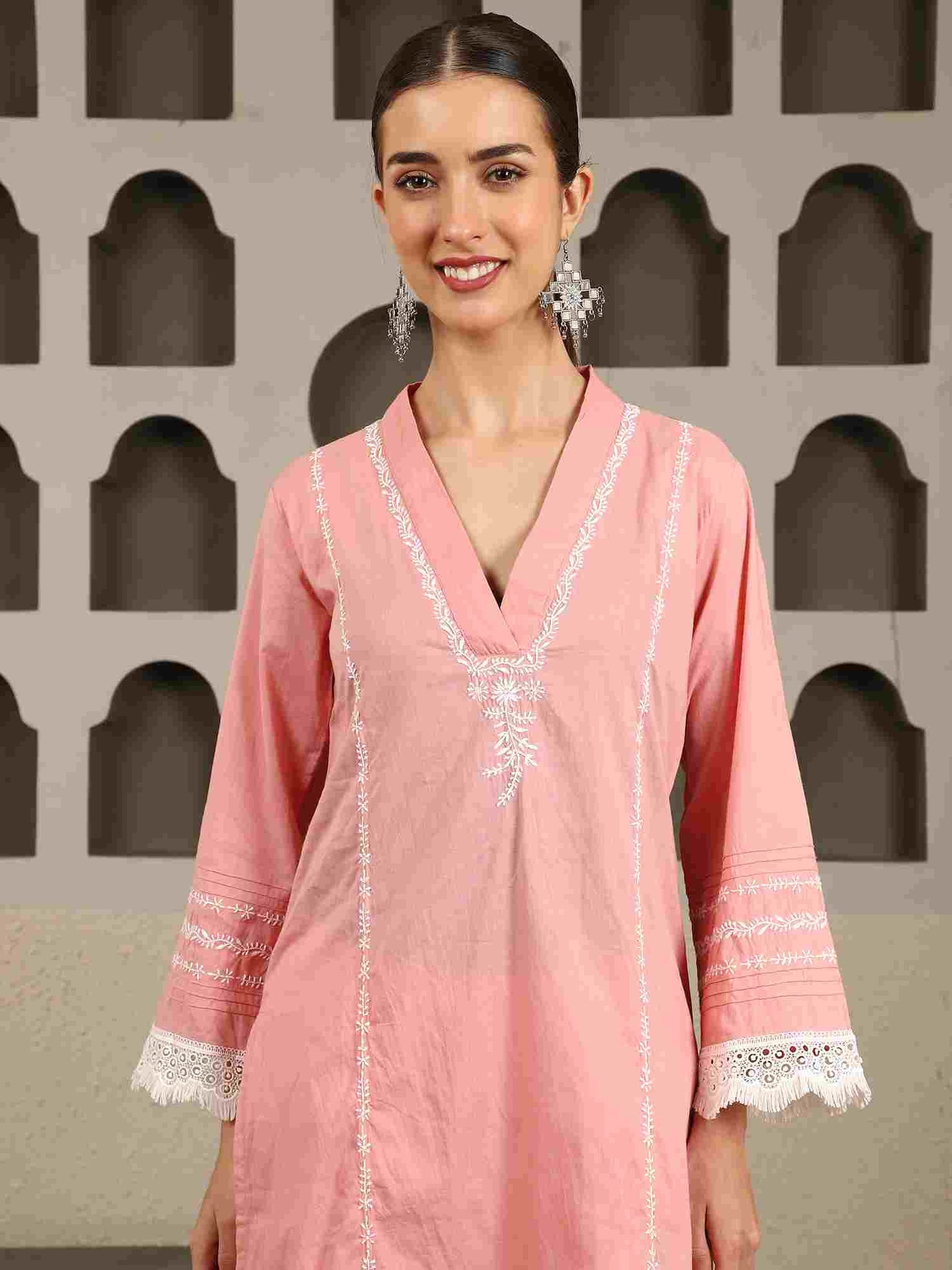 Chahak Pink Chikankari Kurta Set with White Thread – V Neck