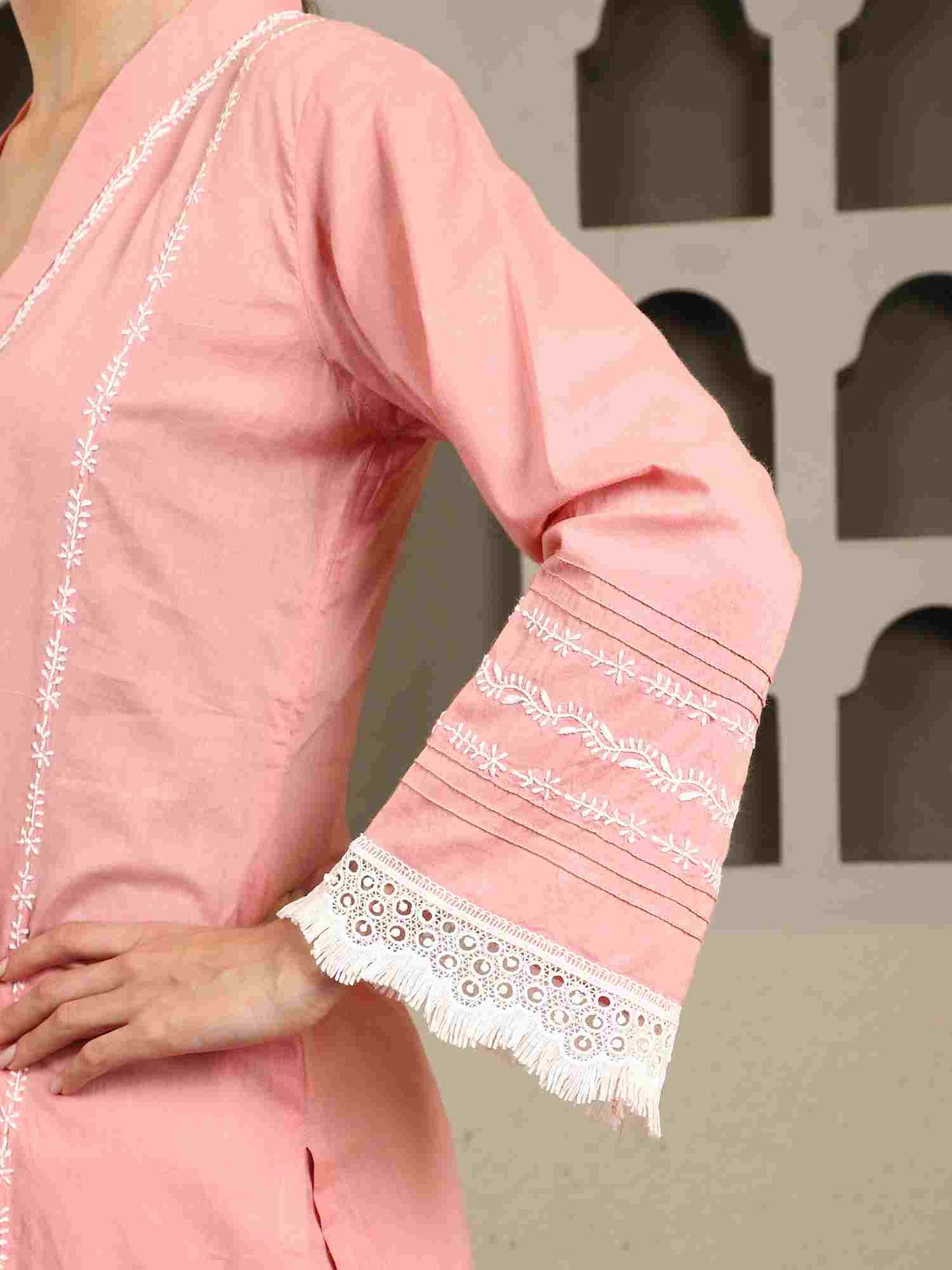 Chahak Pink Chikankari Kurta Set with White Thread – V Neck
